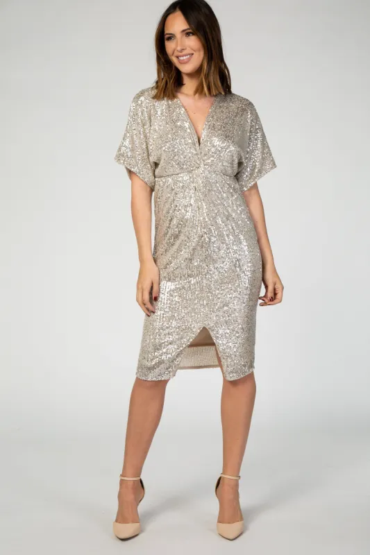 PinkBlush Gold Sequin Front Slit Wrap Dress sold by Pinkblush