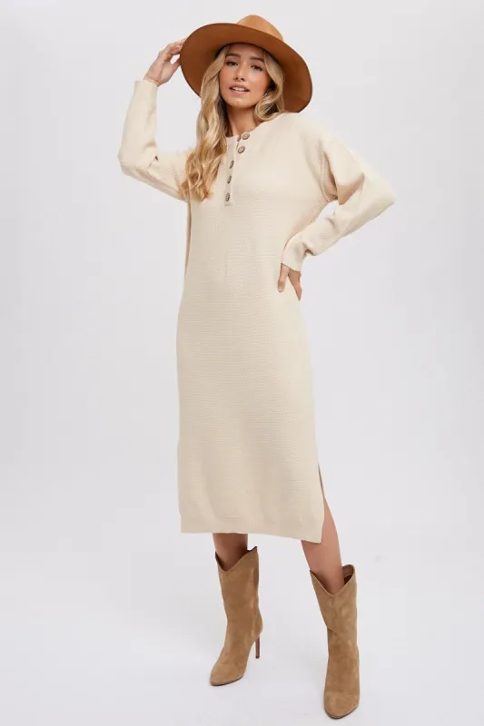 Cream Waffle Knit Button Long Sleeve Midi Dress sold by Pinkblush
