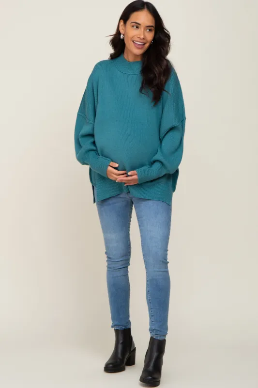 Teal Blue Mock Neck Exposed Seam Maternity Sweater sold by Pinkblush