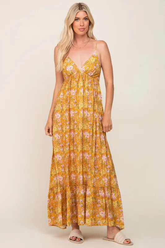 Gold Floral Back Tie Cutout Maxi Dress sold by Pinkblush