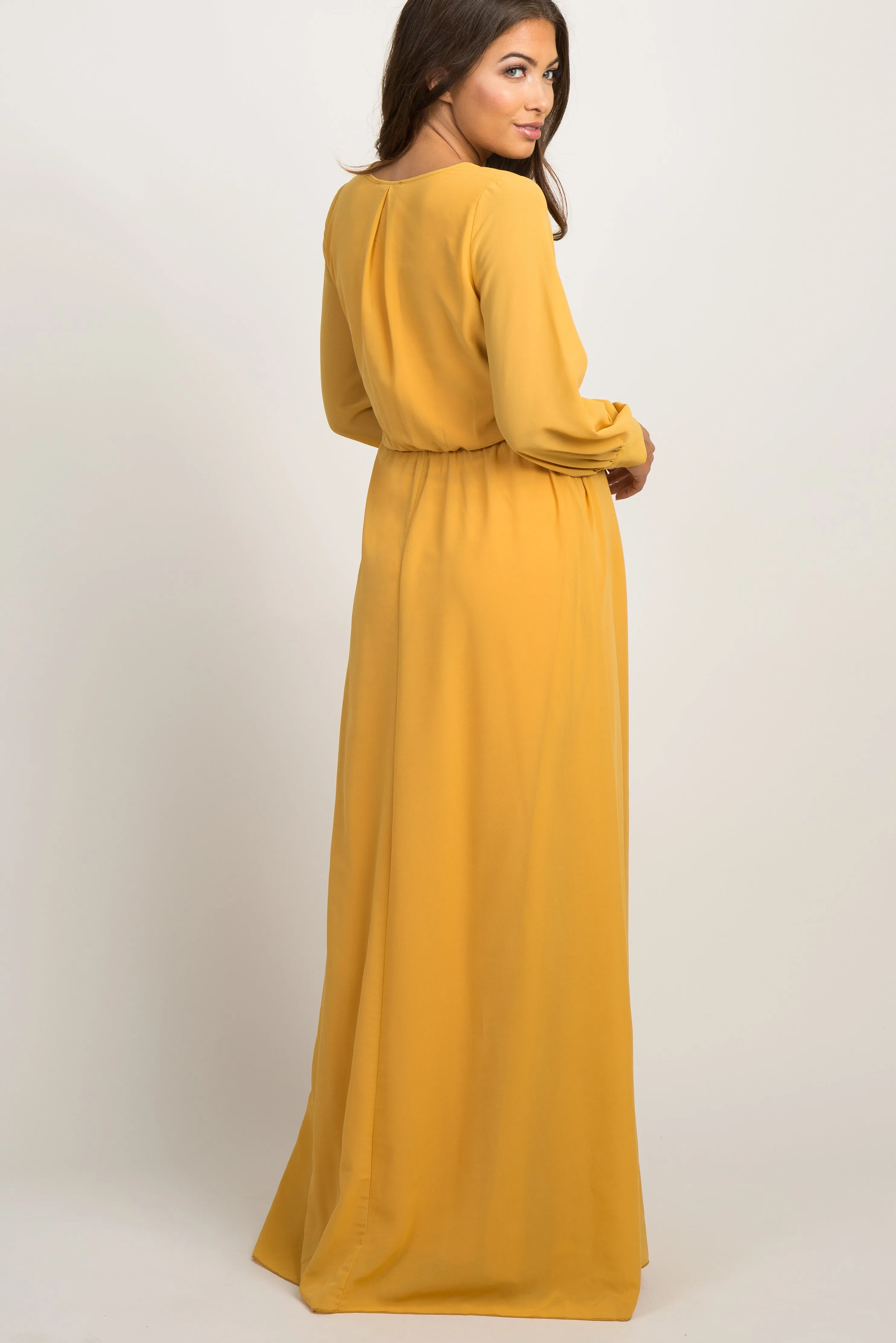 Yellow Chiffon Long Sleeve Pleated Maternity Maxi Dress sold by Pinkblush product image thumbnail 3