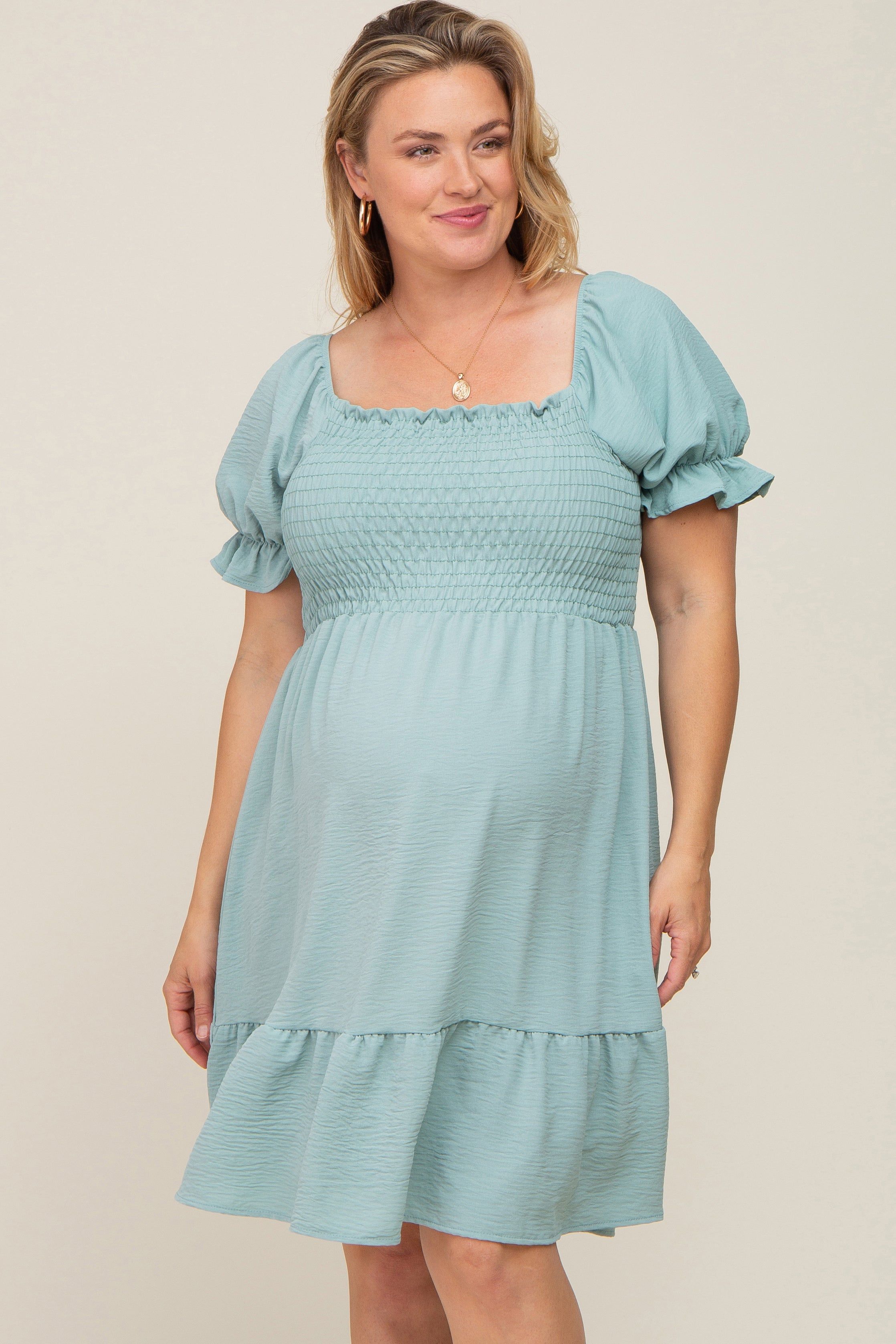 Mint Smocked Ruffle Trim Plus Maternity Dress sold by Pinkblush