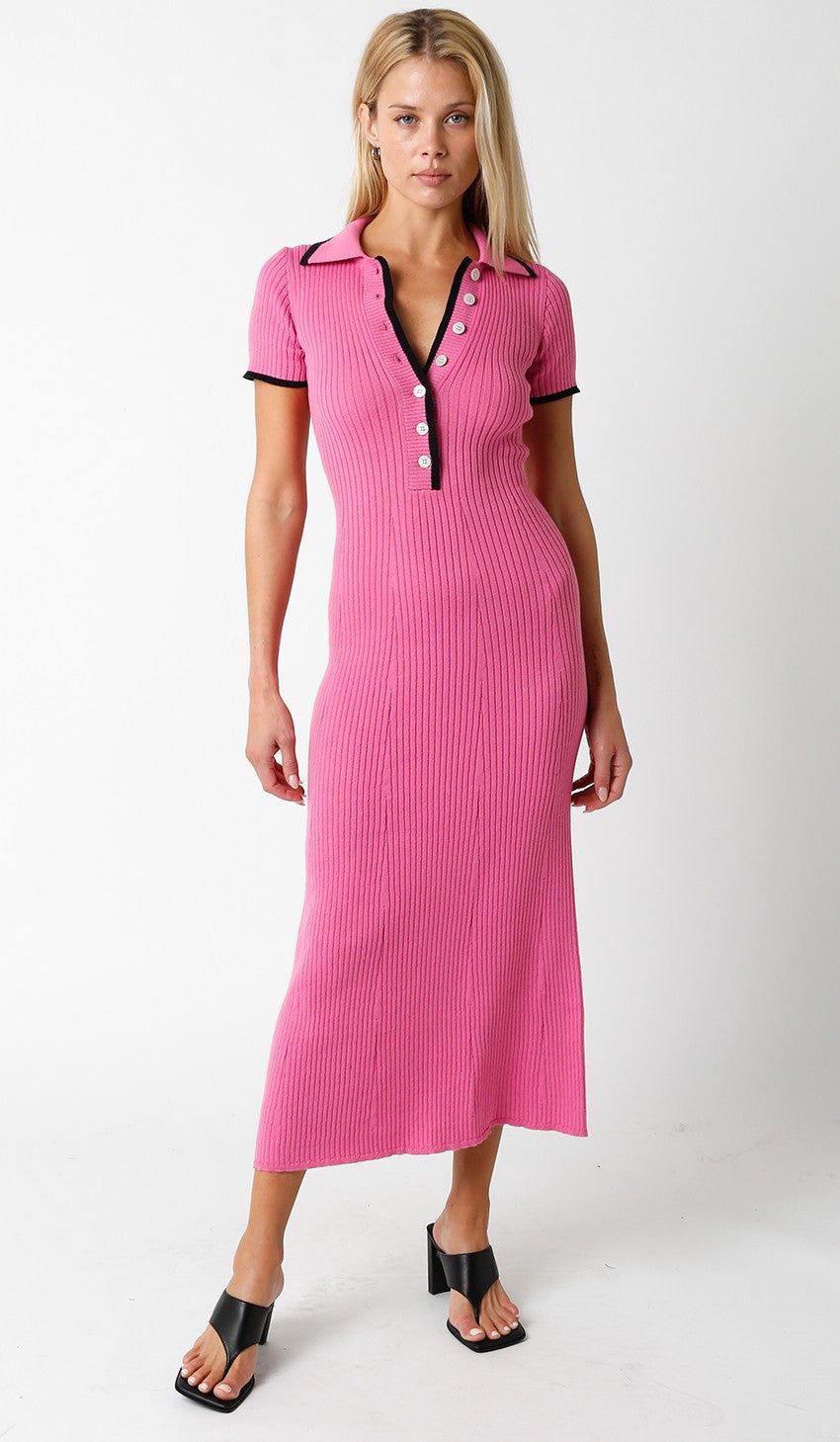 Pink Ribbed Knit Collared Button Front Dress sold by Pinkblush