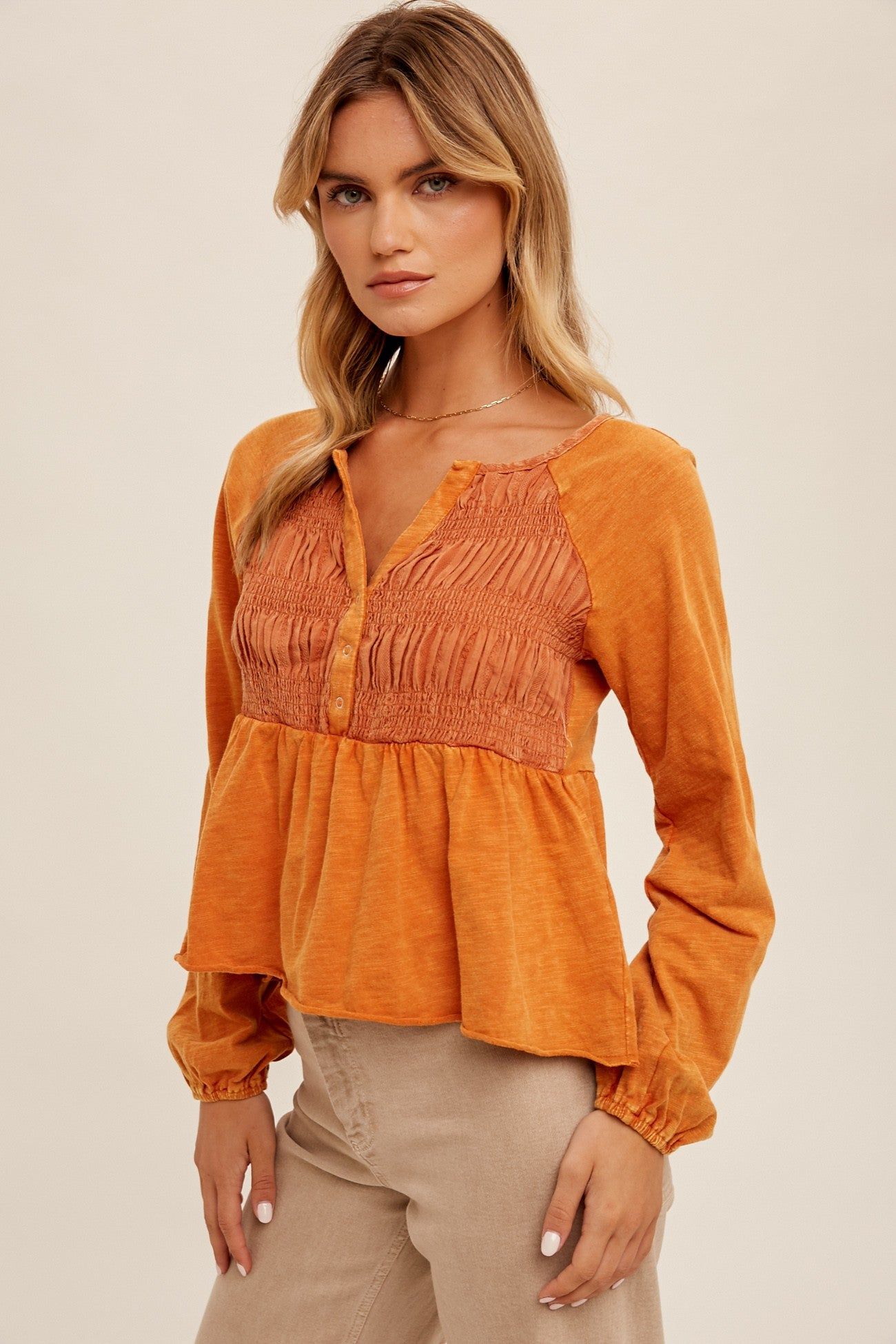 Washed Ginger Textured Smocked Detail Babydoll Top sold by Pinkblush product image thumbnail 2