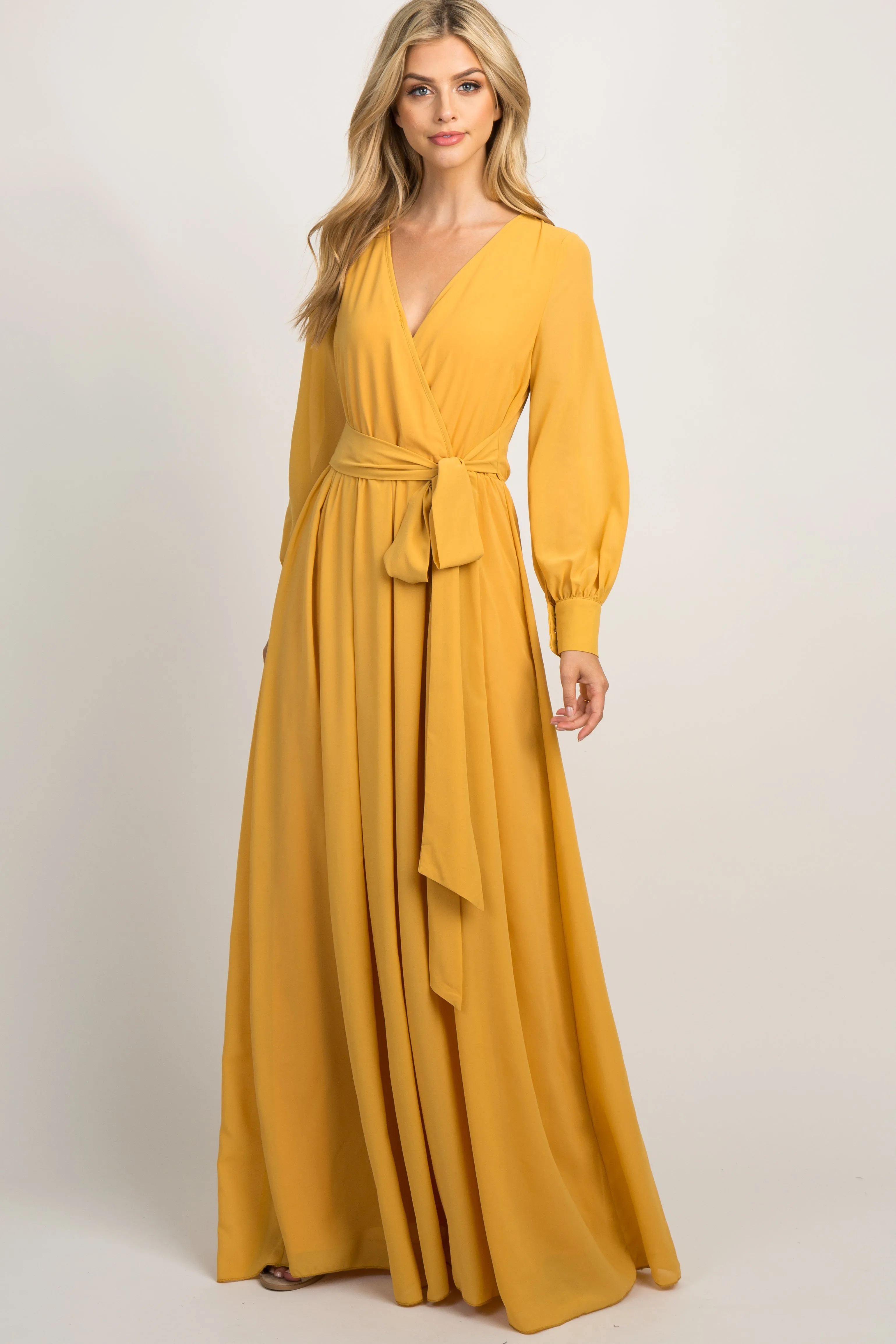 Yellow Chiffon Long Sleeve Pleated Maternity Maxi Dress sold by Pinkblush product image thumbnail 4