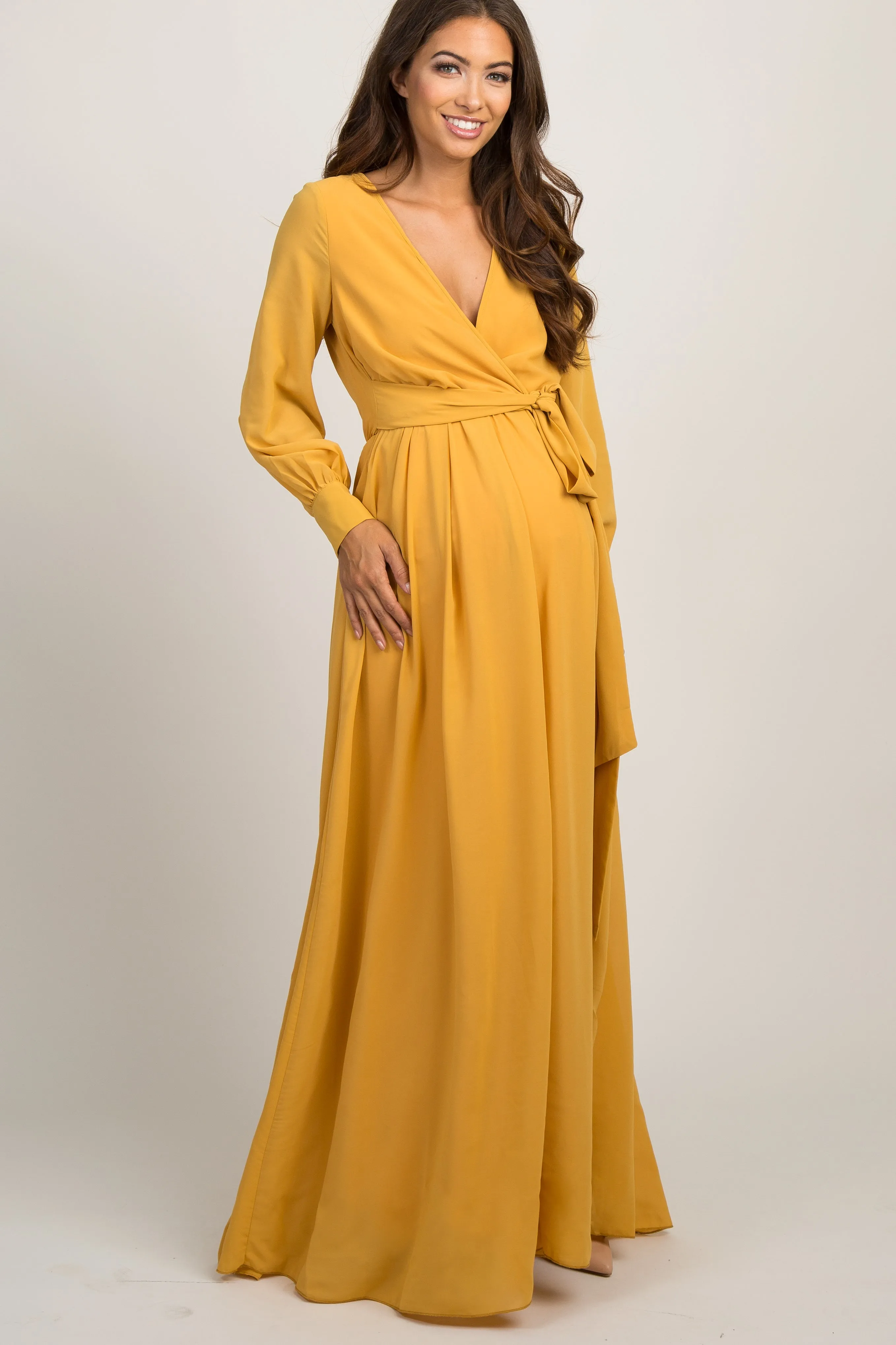 Yellow Chiffon Long Sleeve Pleated Maternity Maxi Dress sold by Pinkblush