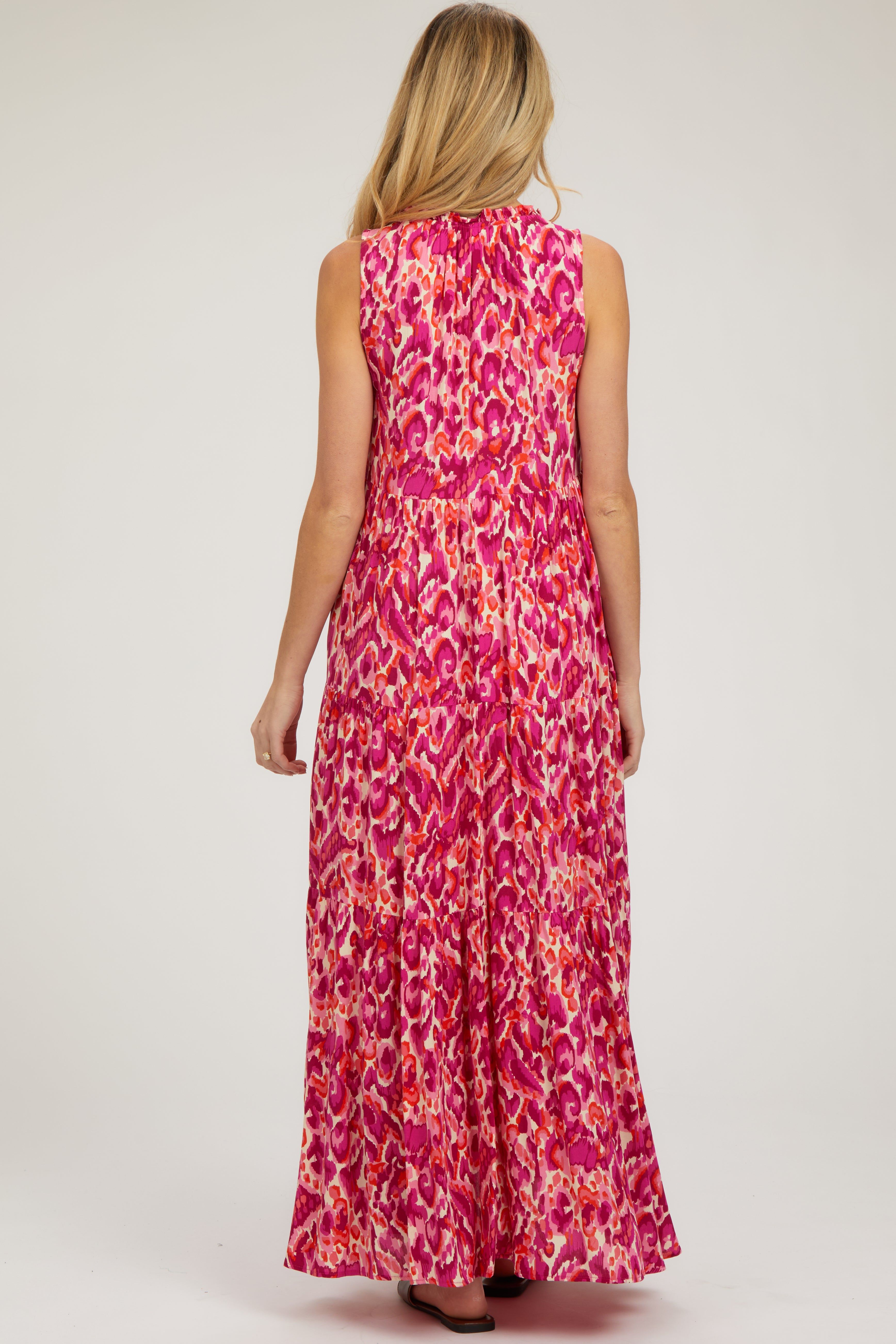 Magenta Sleeveless V-Neck Ruffle Neck Tiered Maternity Maxi Dress sold by Pinkblush product image thumbnail 4