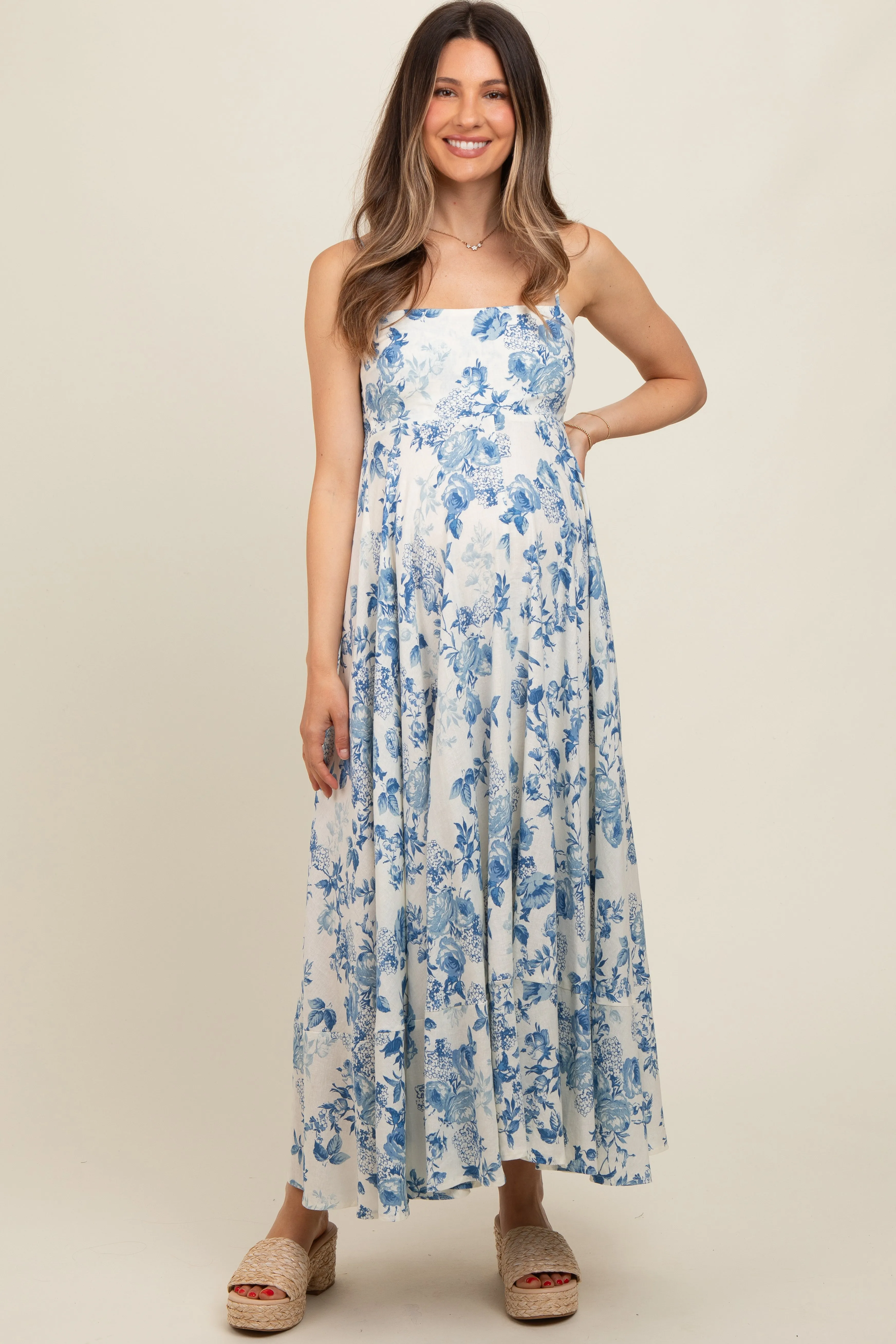 Cream Floral Flowy Sleeveless Squared Neckline Maternity Dress sold by Pinkblush product image thumbnail 3