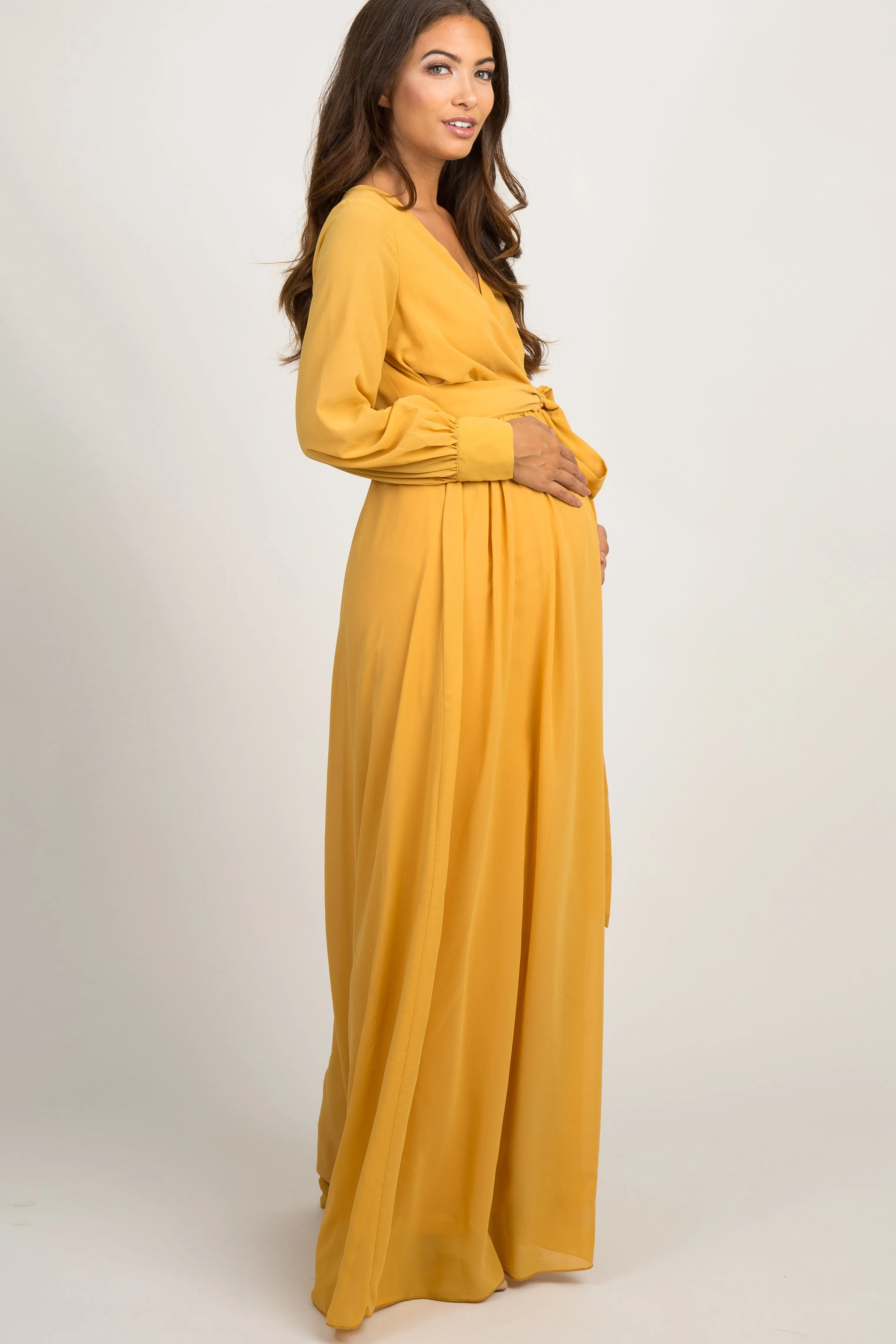 Yellow Chiffon Long Sleeve Pleated Maternity Maxi Dress sold by Pinkblush product image thumbnail 2
