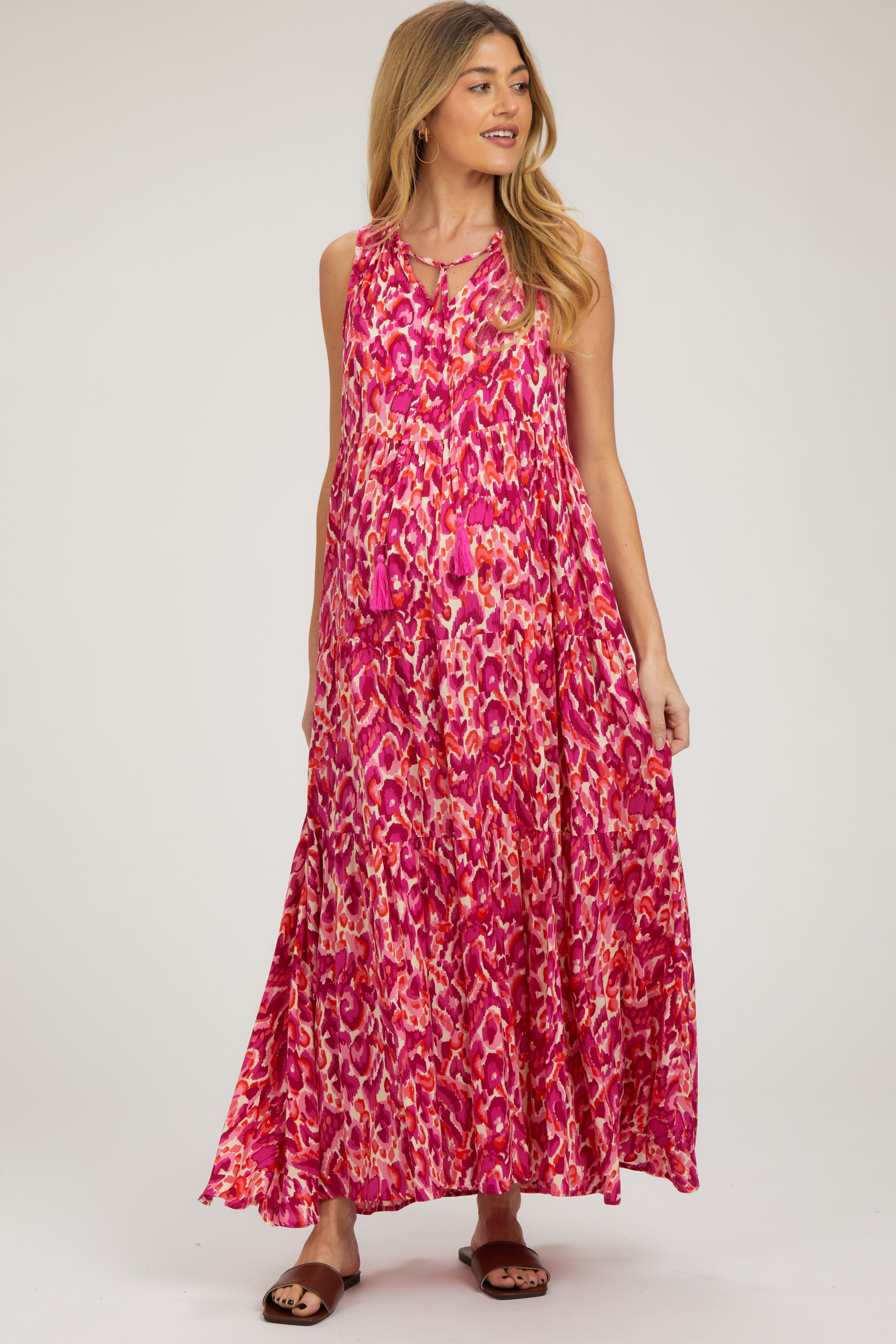 Magenta Sleeveless V-Neck Ruffle Neck Tiered Maternity Maxi Dress sold by Pinkblush product image thumbnail 2