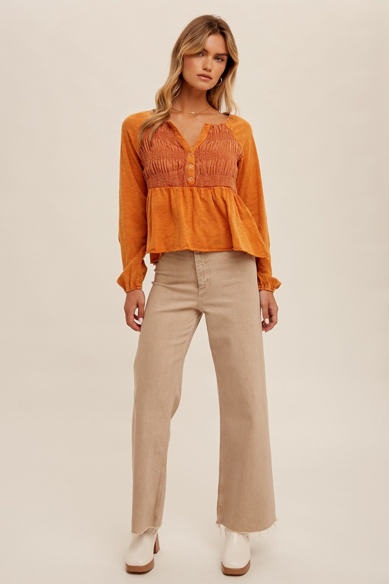 Washed Ginger Textured Smocked Detail Babydoll Top sold by Pinkblush product image thumbnail 4