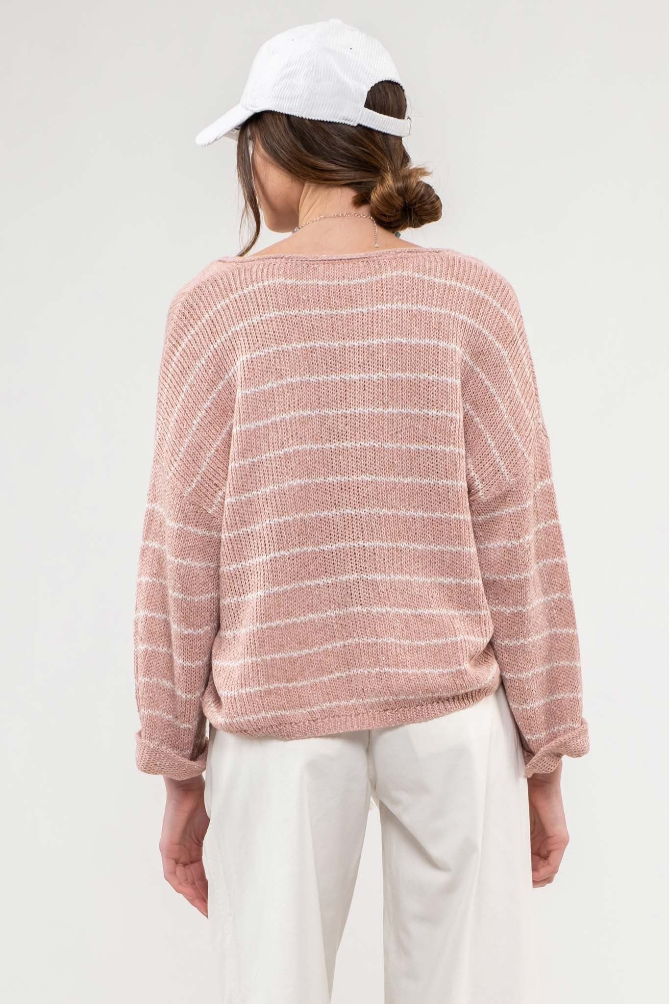 Mauve Striped Drop Shoulder Knit Sweater sold by Pinkblush product image thumbnail 2