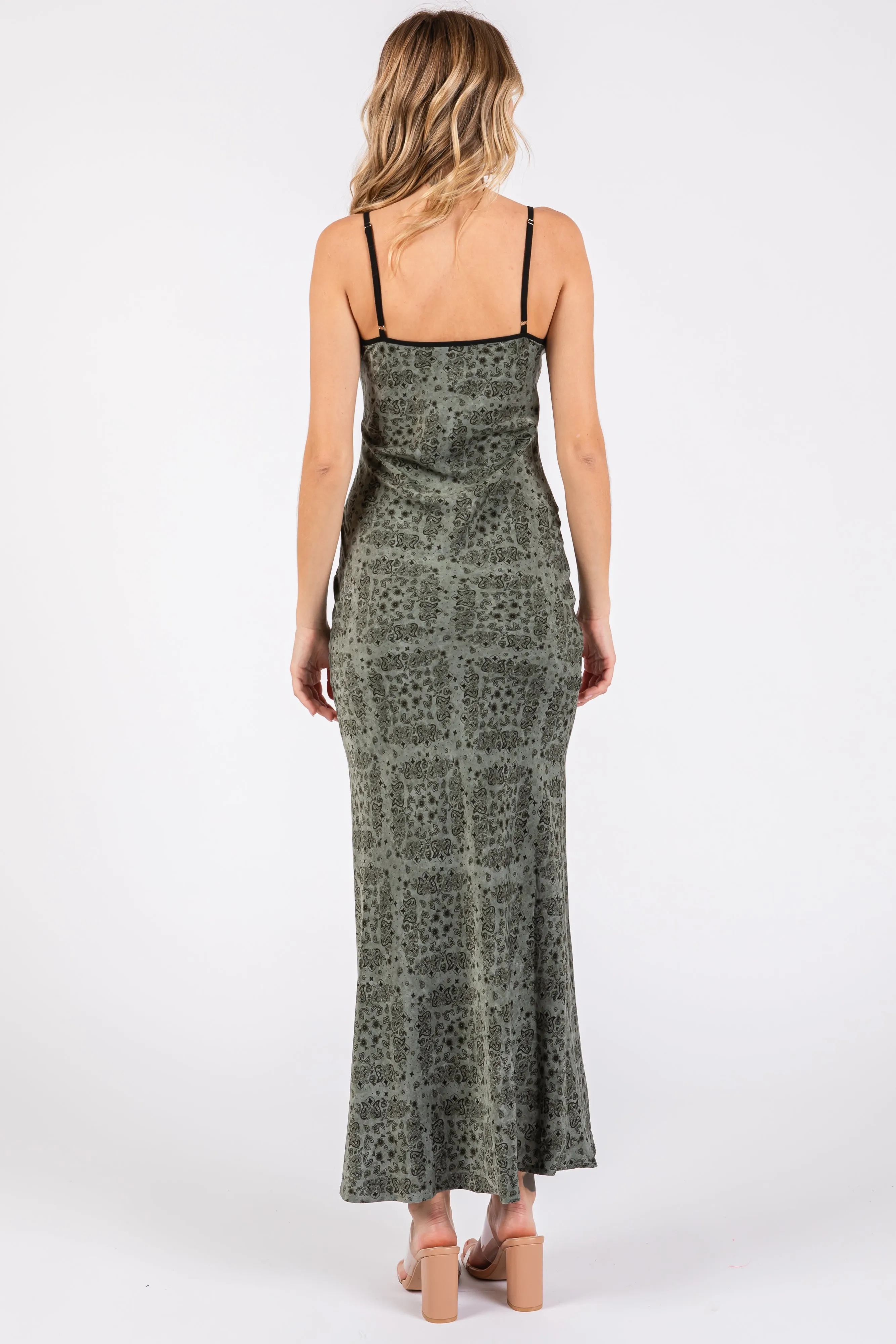 Light Olive Floral Paisley Velvet Tie Satin Midi Dress sold by Pinkblush product image thumbnail 3