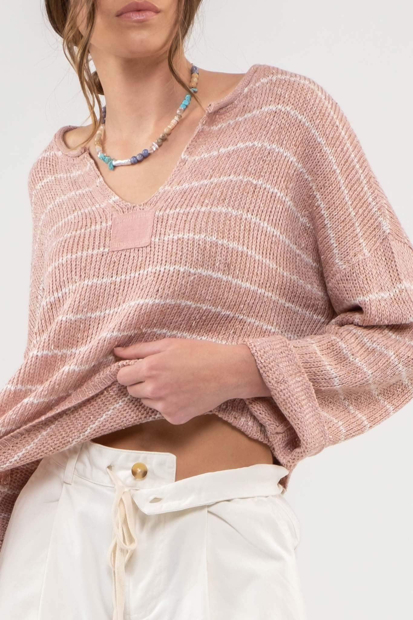 Mauve Striped Drop Shoulder Knit Sweater sold by Pinkblush product image thumbnail 3