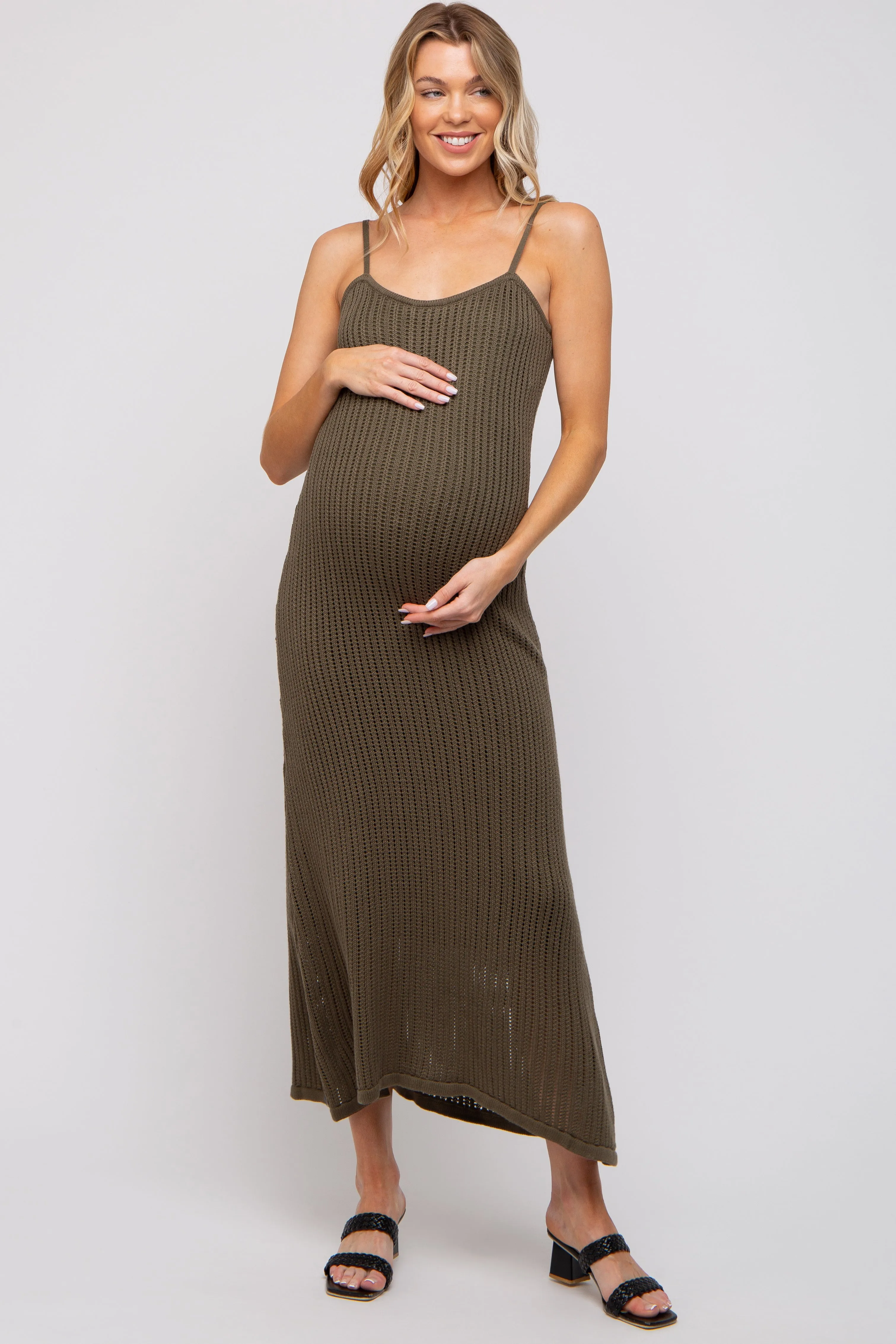 Olive Open Knit Crochet Maternity Midi Dress sold by Pinkblush