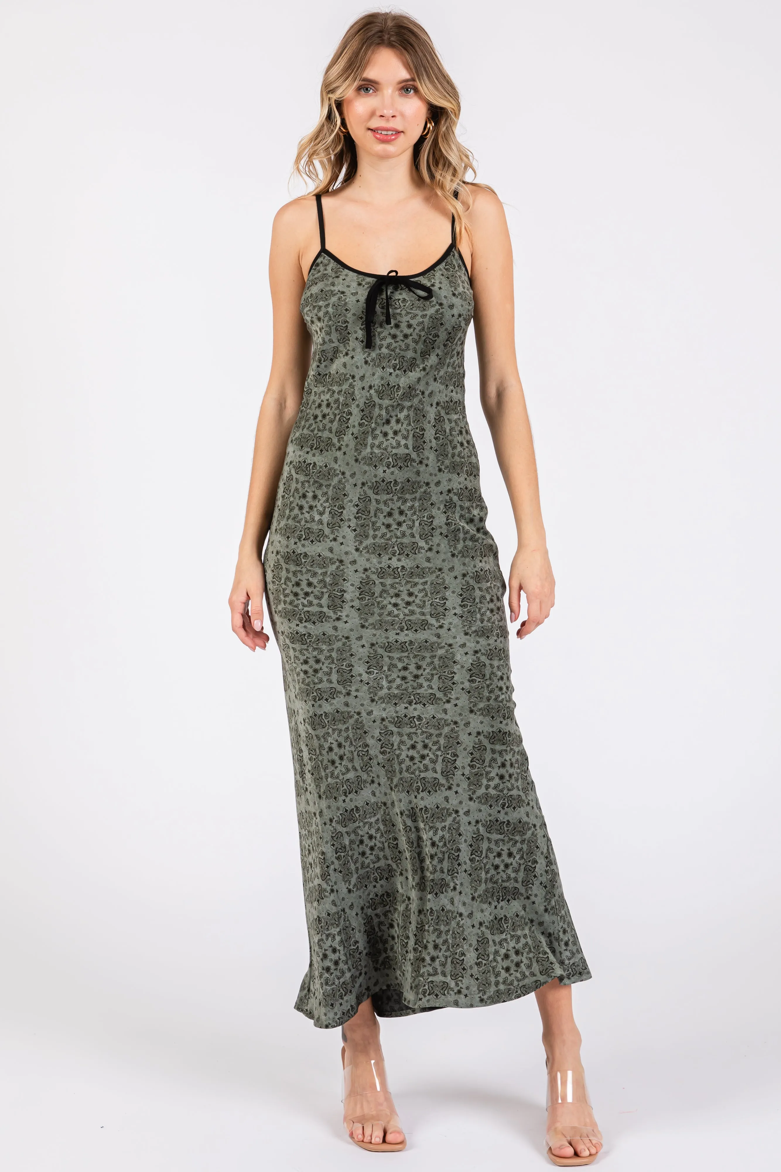 Light Olive Floral Paisley Velvet Tie Satin Midi Dress sold by Pinkblush