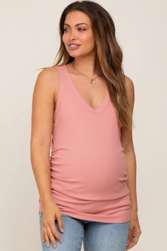 Mauve Ribbed Sleeveless Ruched Maternity Tank Top sold by Pinkblush