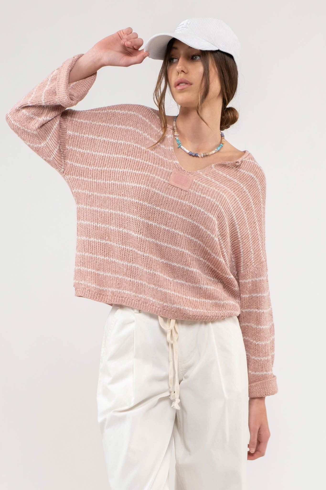 Mauve Striped Drop Shoulder Knit Sweater sold by Pinkblush