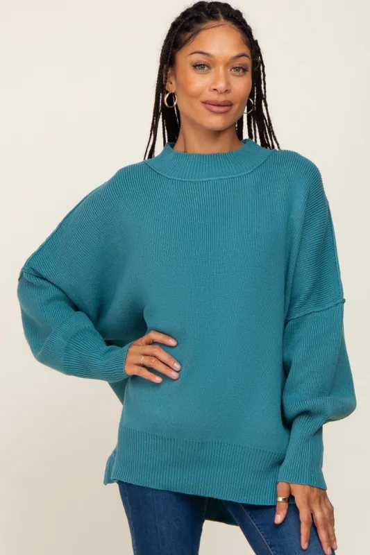 Teal Blue Mock Neck Exposed Seam Sweater sold by Pinkblush