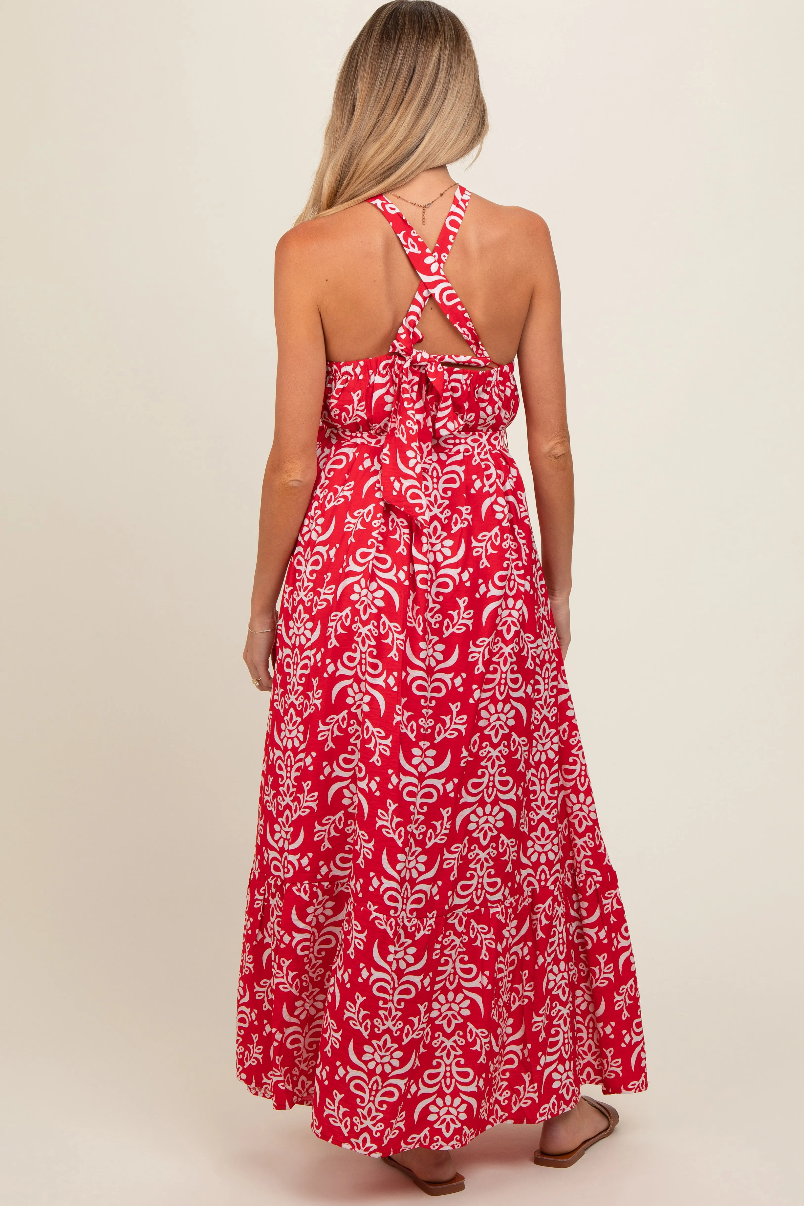 Red Paisley Halter Cross Back Maternity Maxi Dress sold by Pinkblush product image thumbnail 4