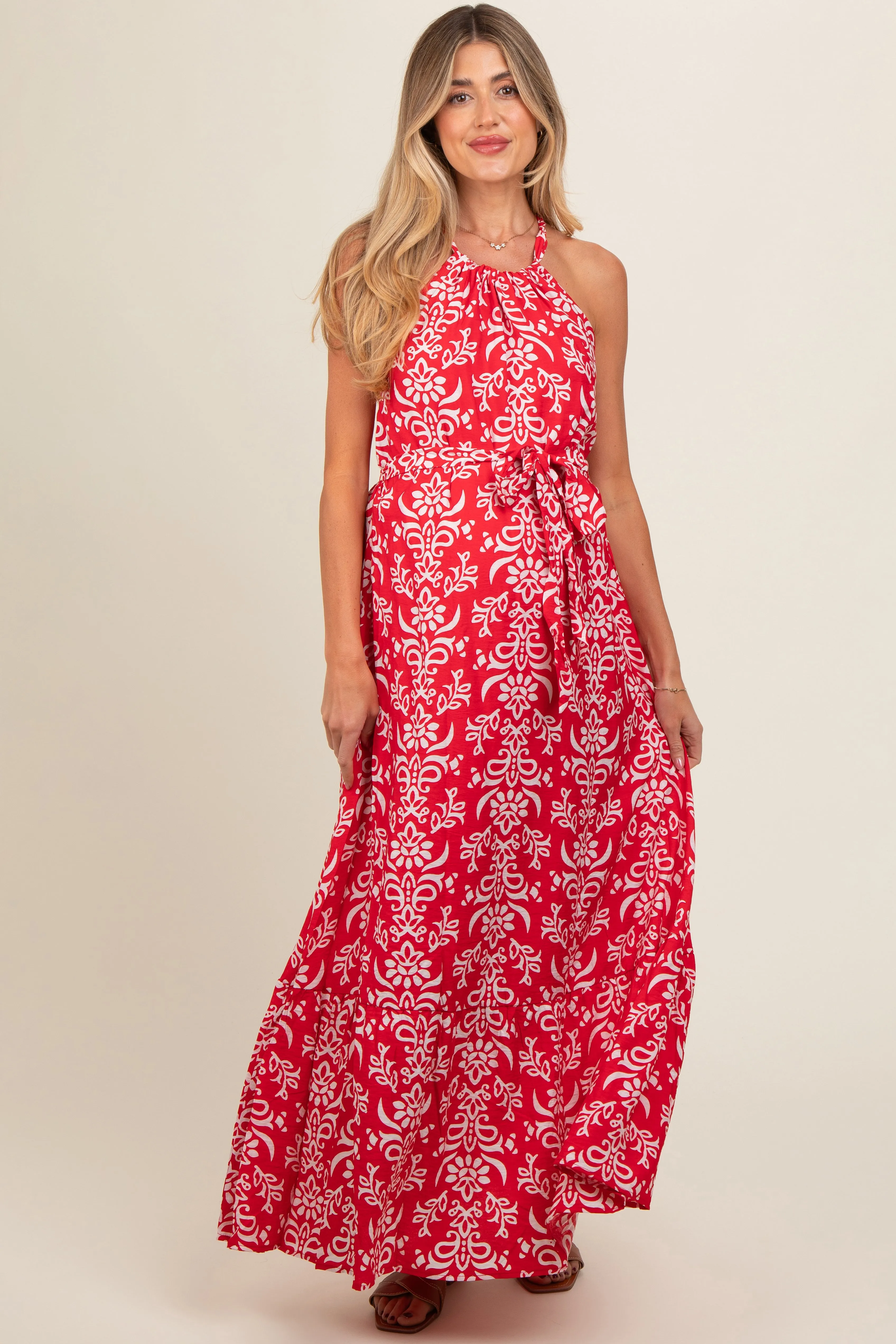 Red Paisley Halter Cross Back Maternity Maxi Dress sold by Pinkblush