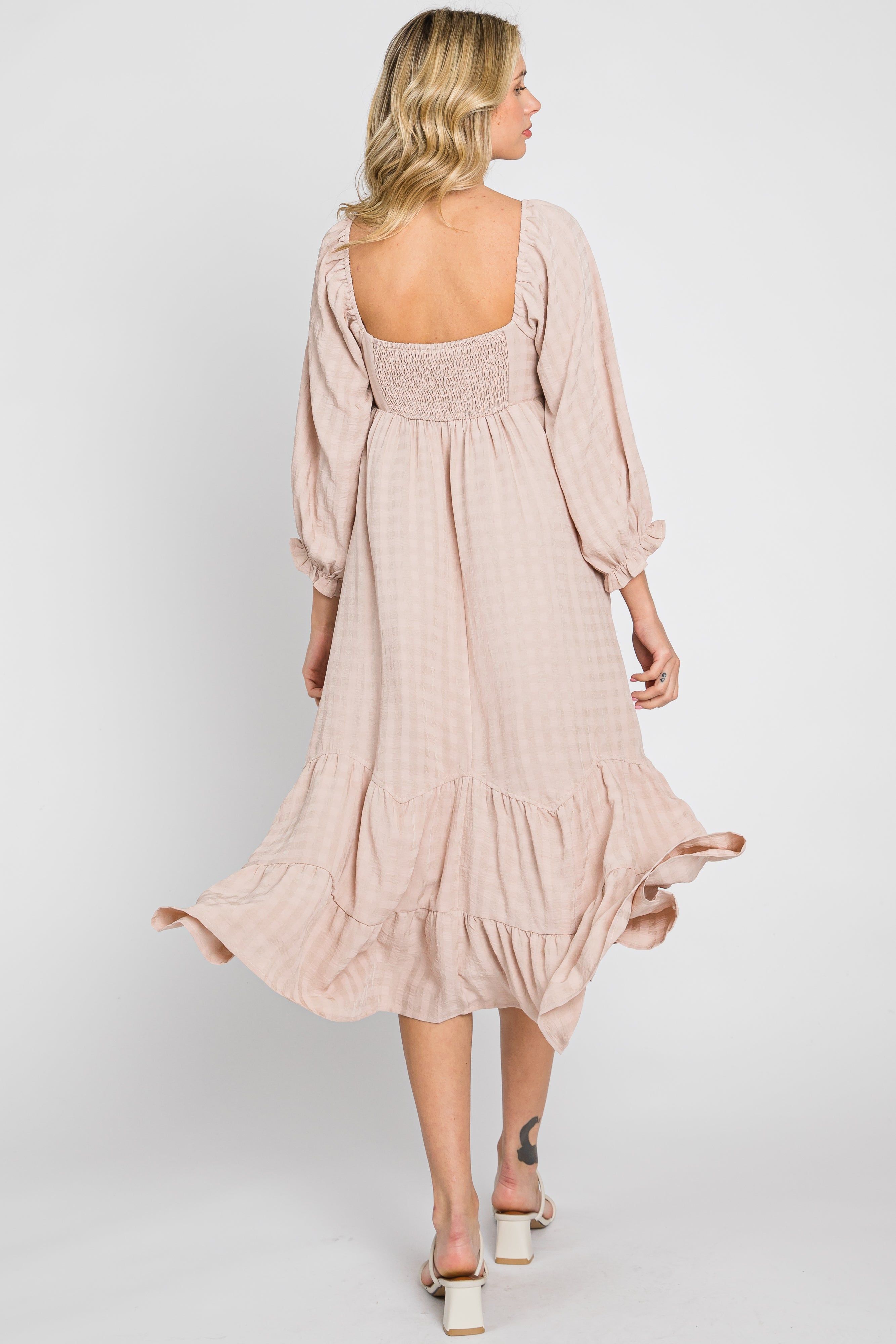 Beige Striped 3/4 Cinched Sleeve Tiered Midi Dress sold by Pinkblush product image thumbnail 4