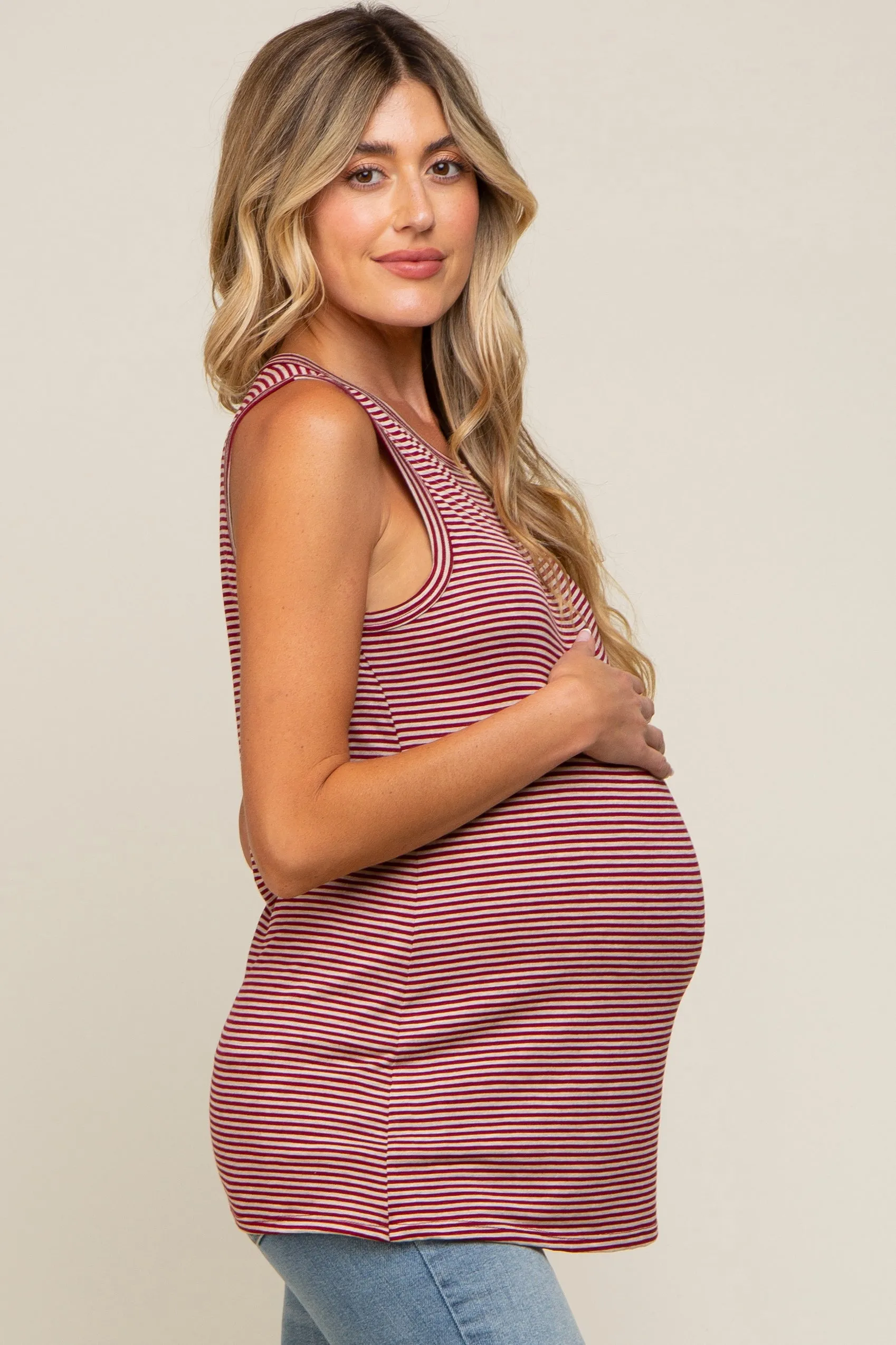 Burgundy Striped Sleeveless Maternity Tank Top sold by Pinkblush product image thumbnail 2