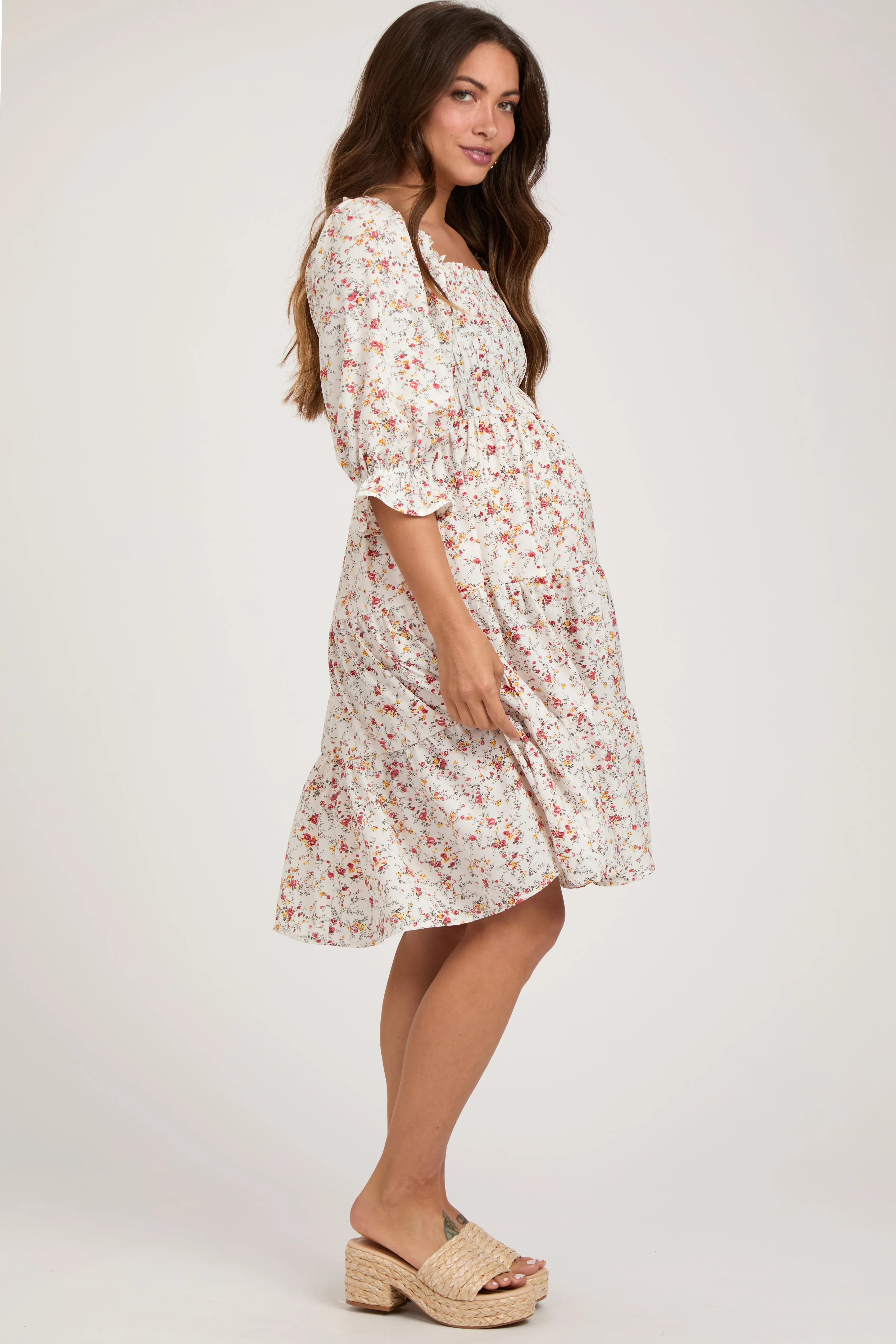 Ivory Floral Smocked Maternity Knee Length Dress sold by Pinkblush product image thumbnail 2