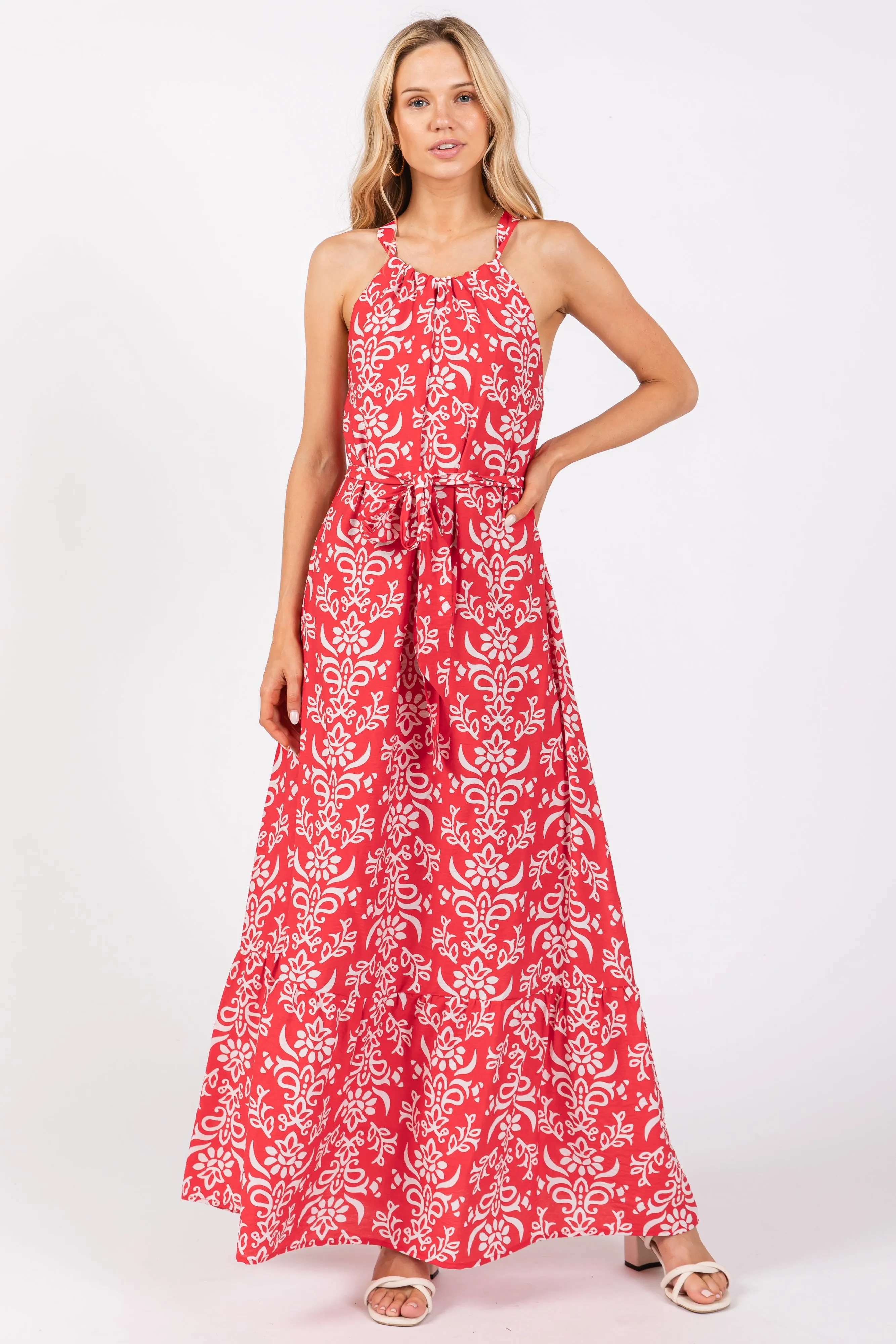 Red Paisley Halter Cross Back Maternity Maxi Dress sold by Pinkblush product image thumbnail 5