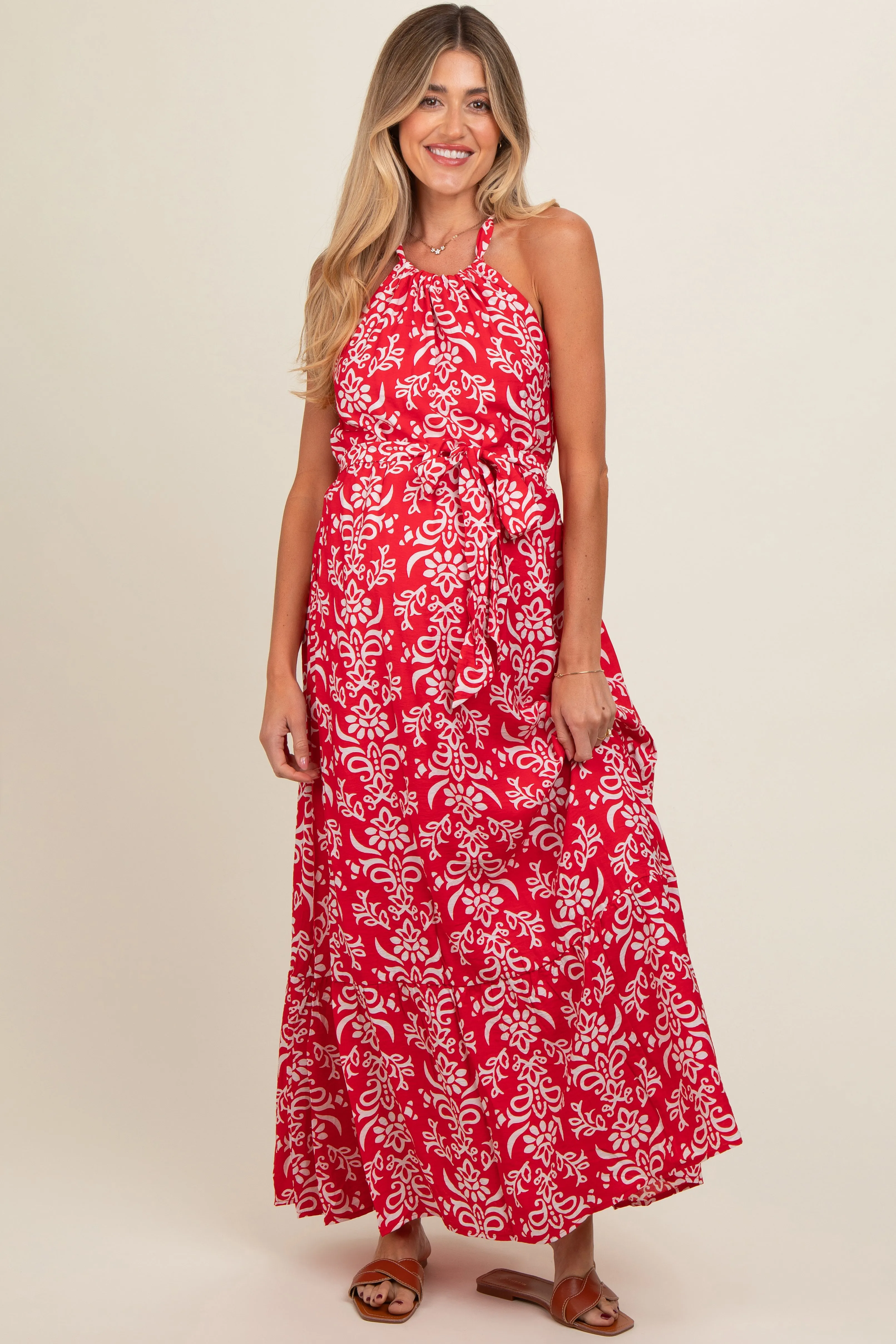 Red Paisley Halter Cross Back Maternity Maxi Dress sold by Pinkblush product image thumbnail 2