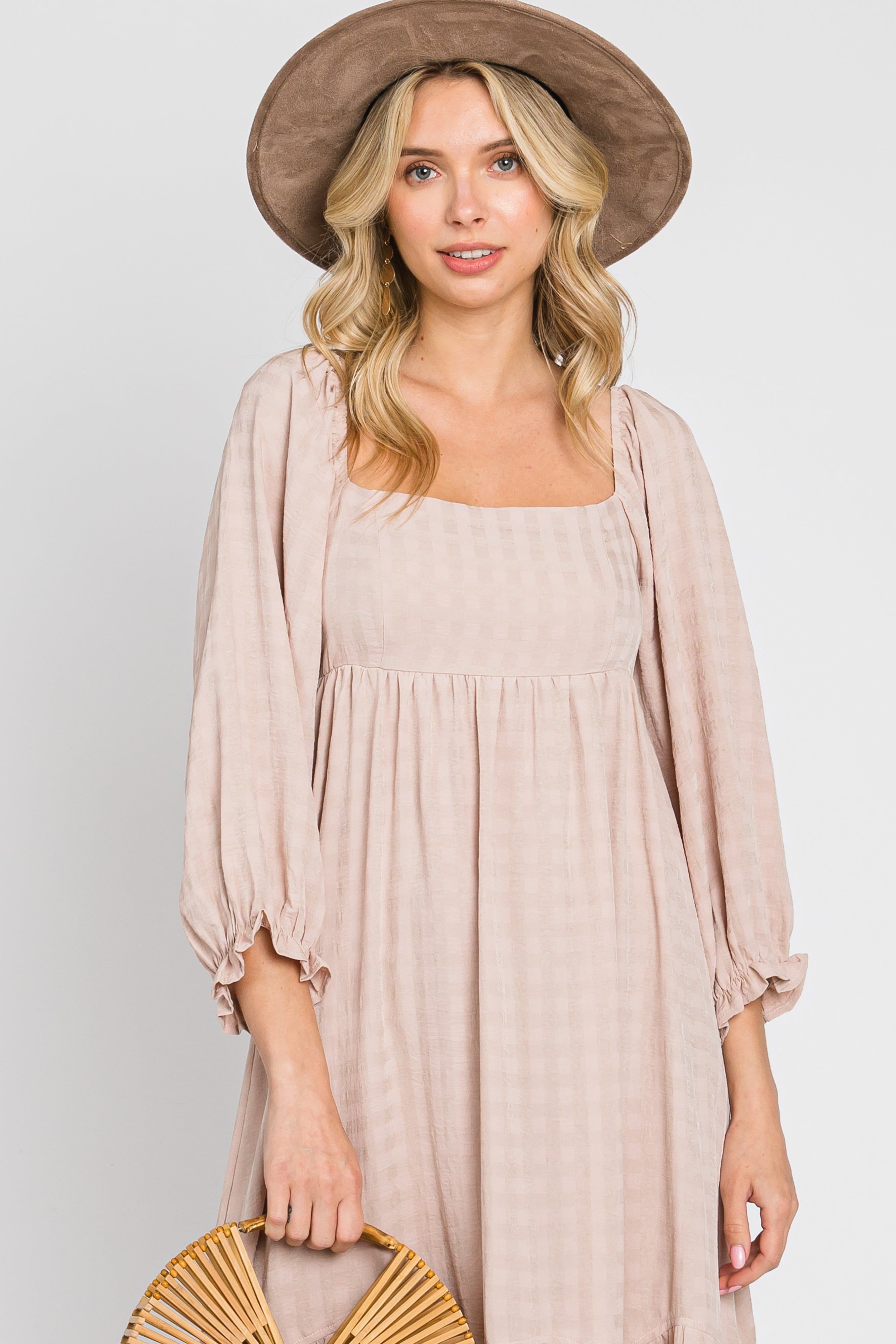 Beige Striped 3/4 Cinched Sleeve Tiered Midi Dress sold by Pinkblush product image thumbnail 5