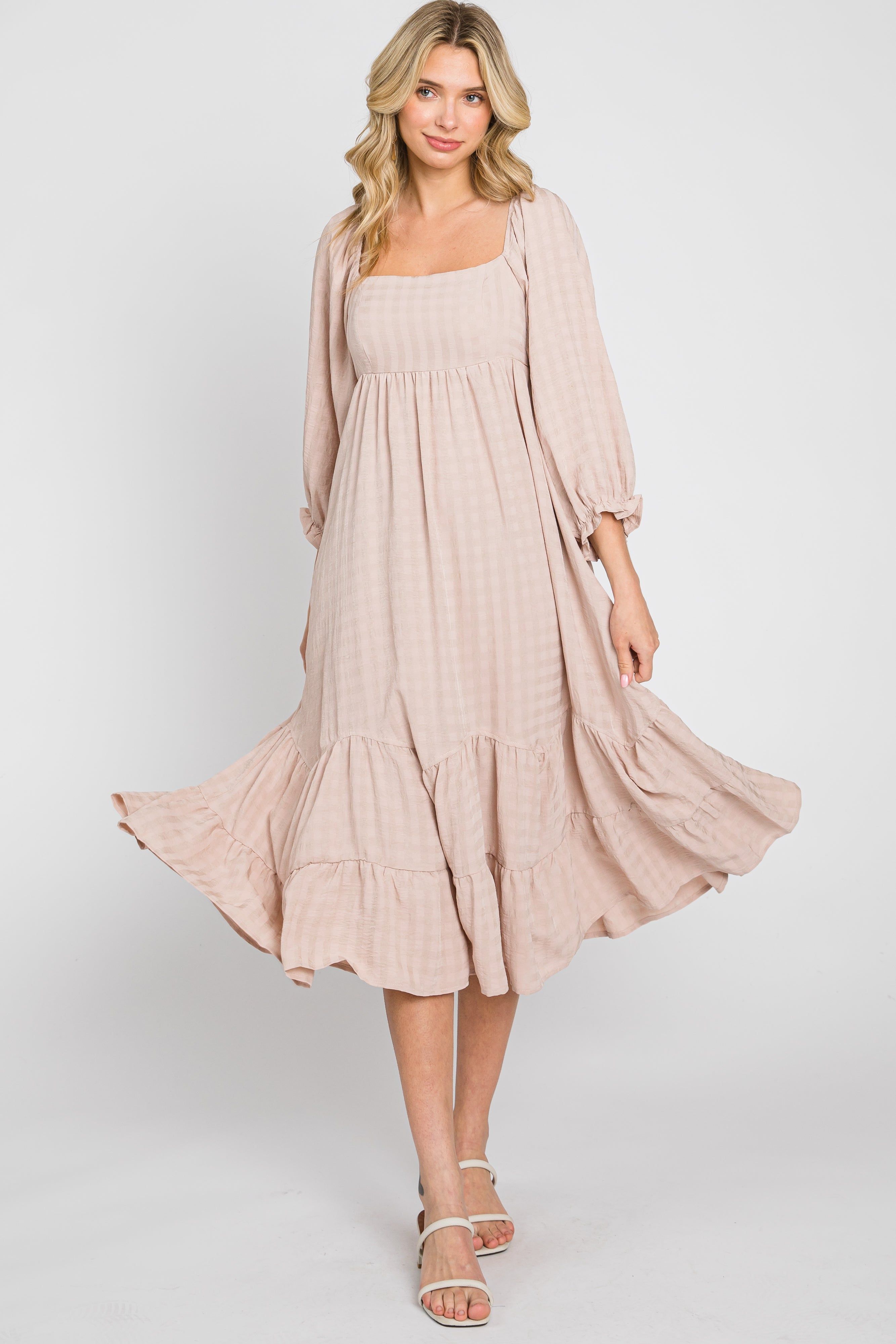 Beige Striped 3/4 Cinched Sleeve Tiered Midi Dress sold by Pinkblush product image thumbnail 2