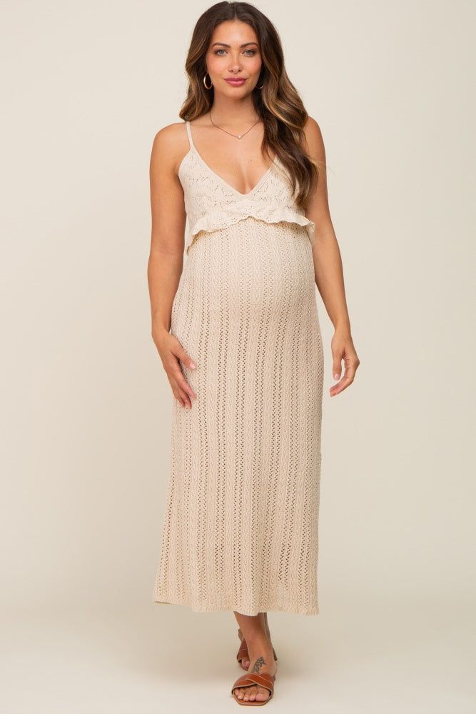 Beige Crochet Eyelet Trim Maternity Midi Dress sold by Pinkblush product image thumbnail 4
