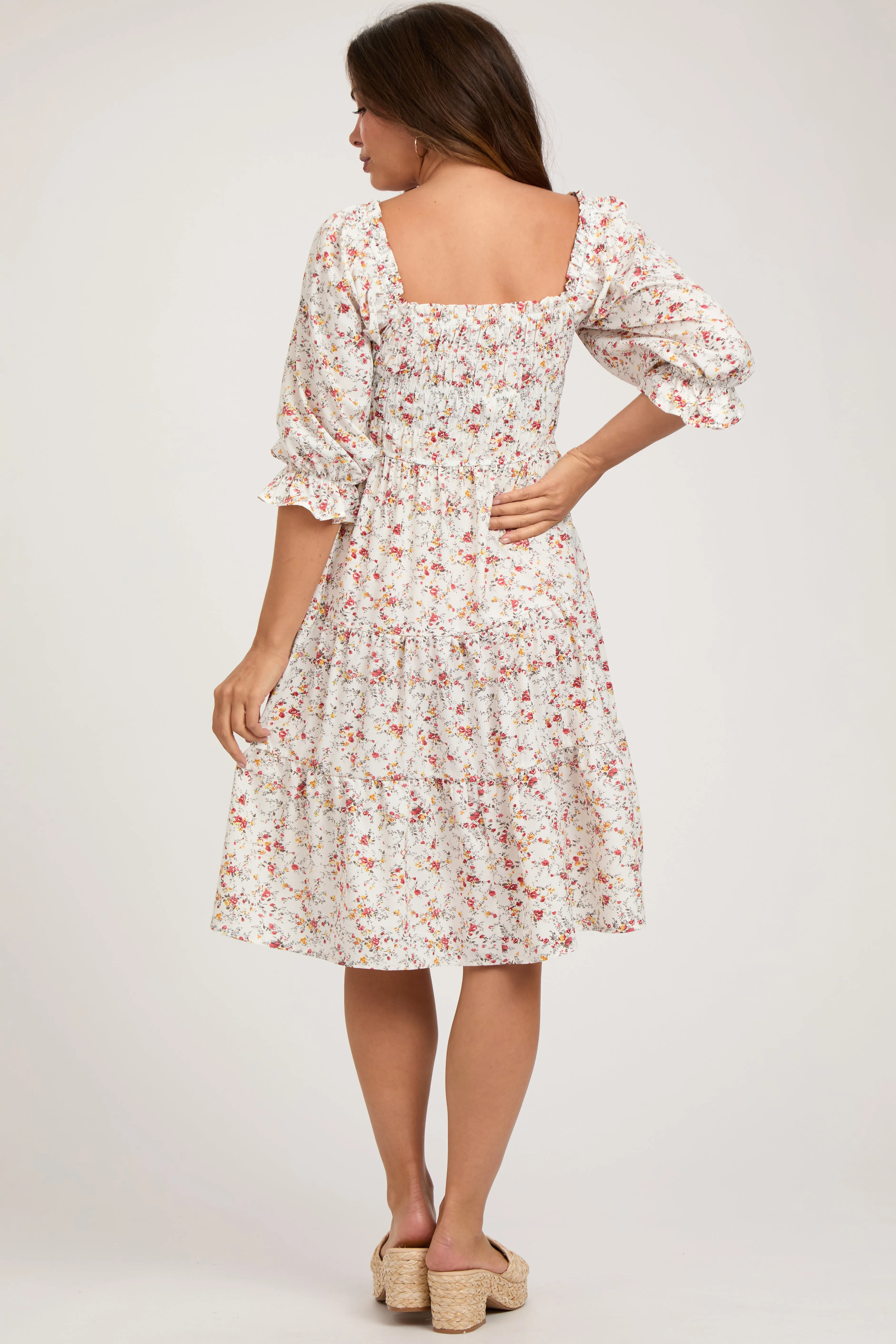 Ivory Floral Smocked Maternity Knee Length Dress sold by Pinkblush product image thumbnail 3