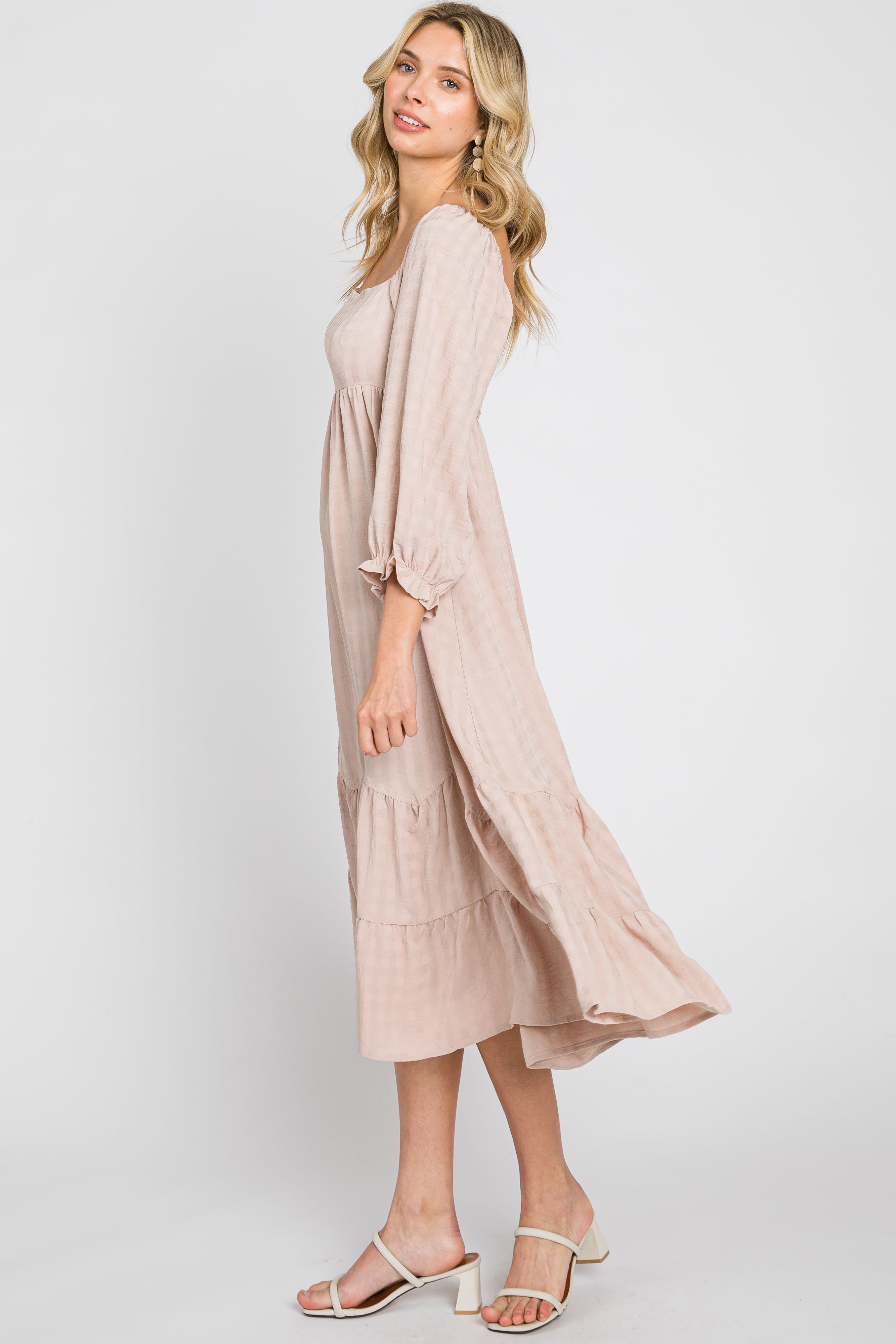 Beige Striped 3/4 Cinched Sleeve Tiered Midi Dress sold by Pinkblush product image thumbnail 3