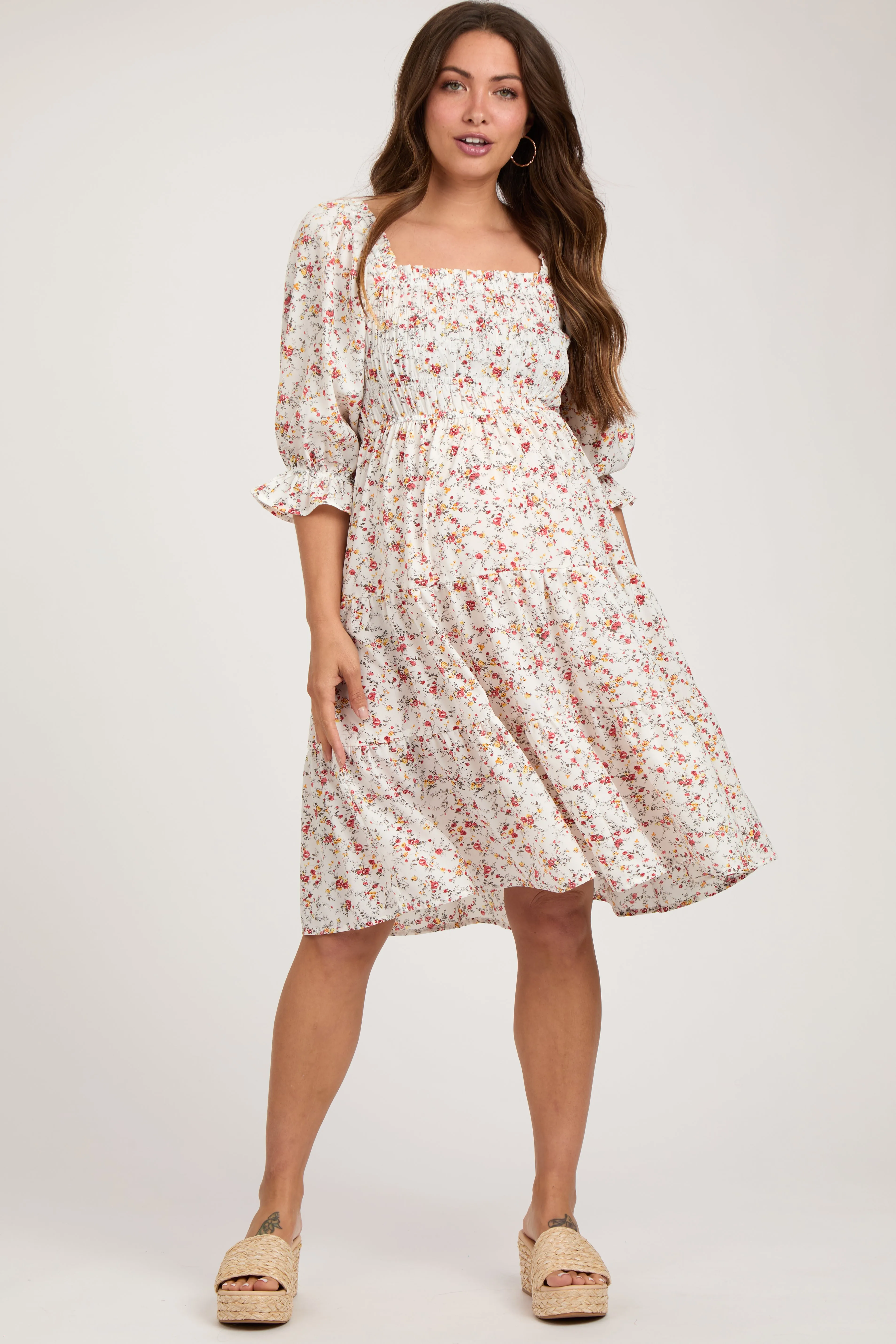 Ivory Floral Smocked Maternity Knee Length Dress sold by Pinkblush