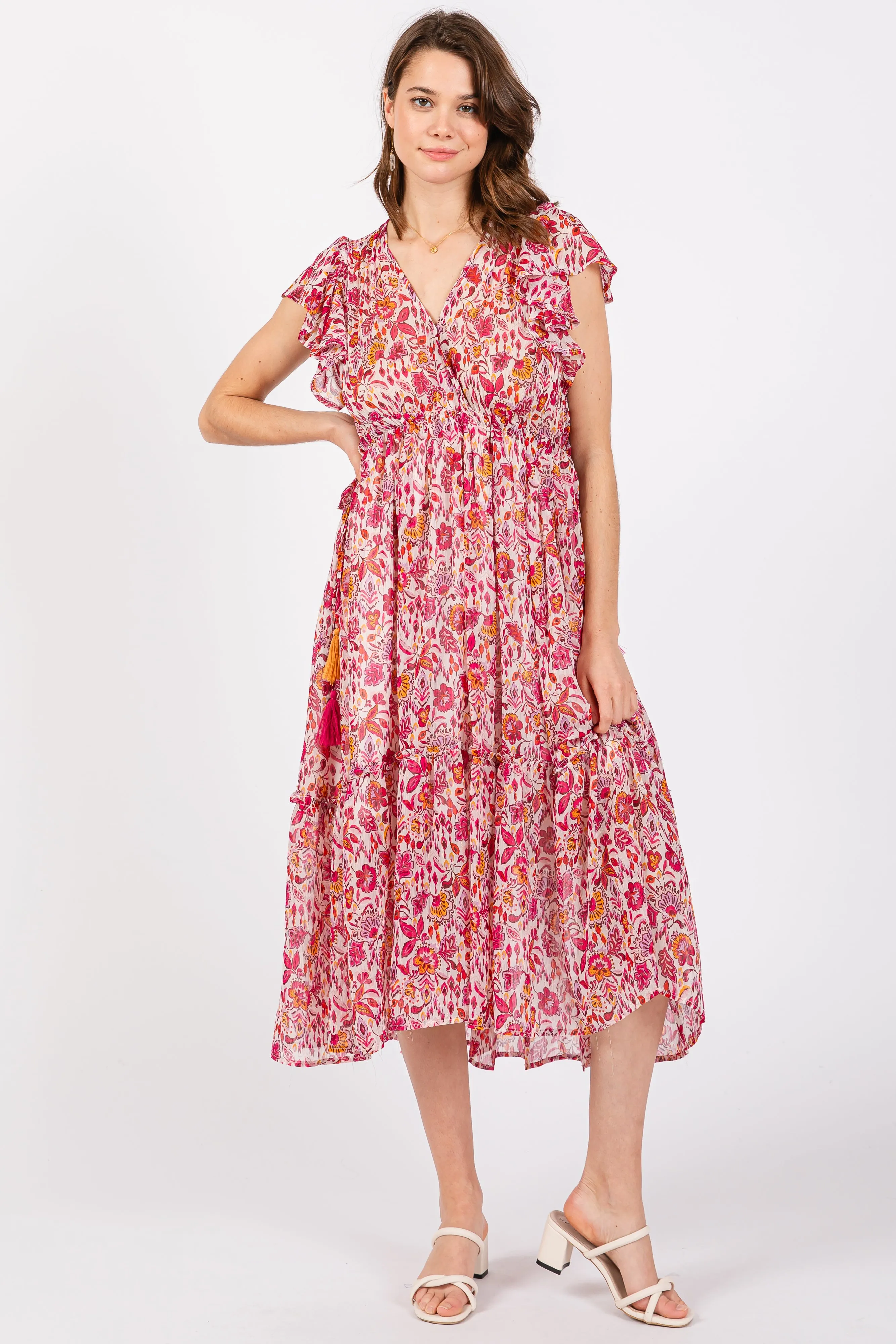 Pink Floral Chiffon Flutter Sleeve Ruffle Hem Maternity Midi Dress sold by Pinkblush product image thumbnail 5
