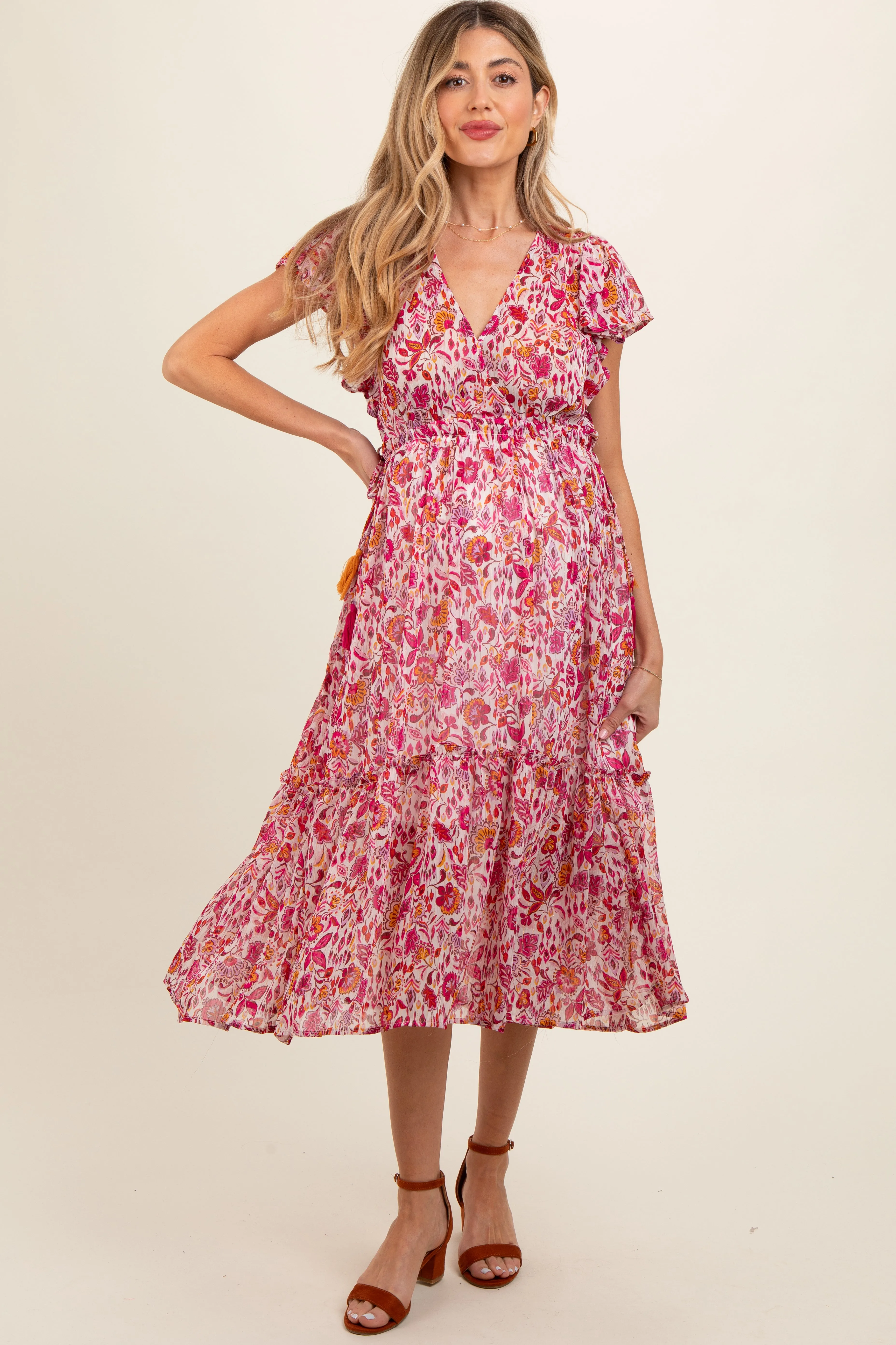 Pink Floral Chiffon Flutter Sleeve Ruffle Hem Maternity Midi Dress sold by Pinkblush product image thumbnail 2