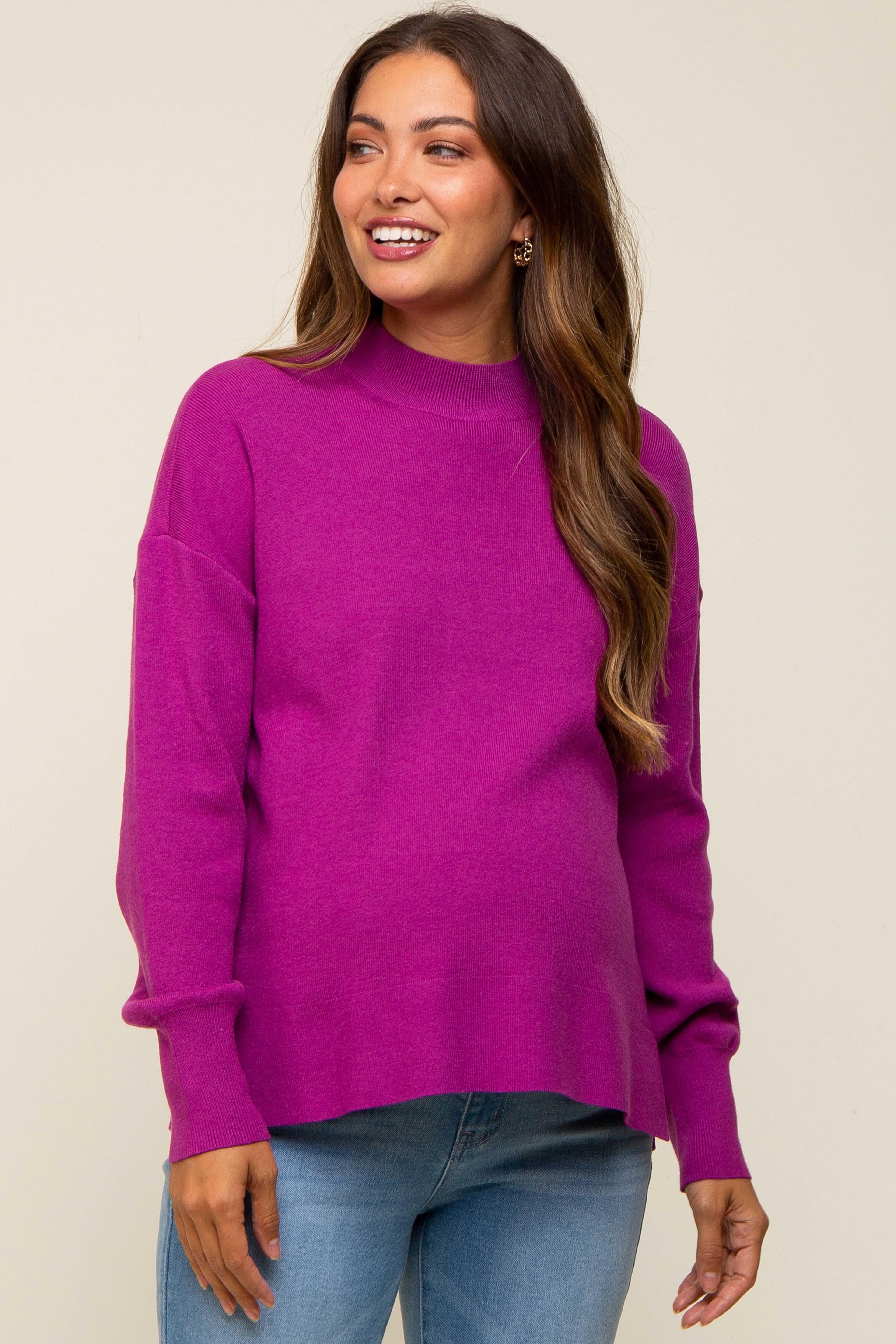 Magenta Knit Mock Neck Maternity Long Sleeve Top sold by Pinkblush
