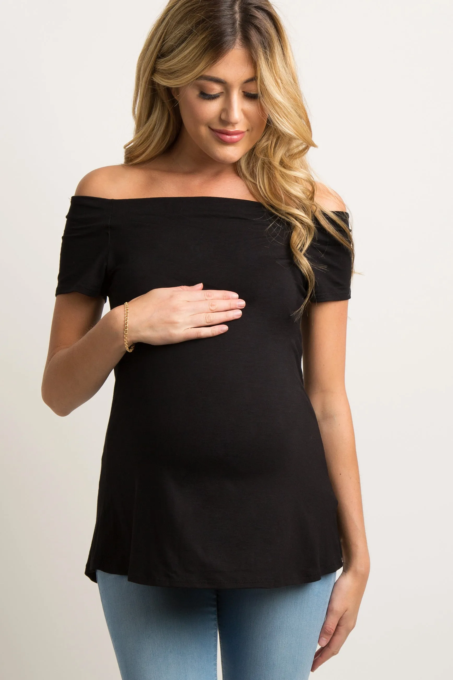 Black Off Shoulder Short Sleeve Maternity Top sold by Pinkblush