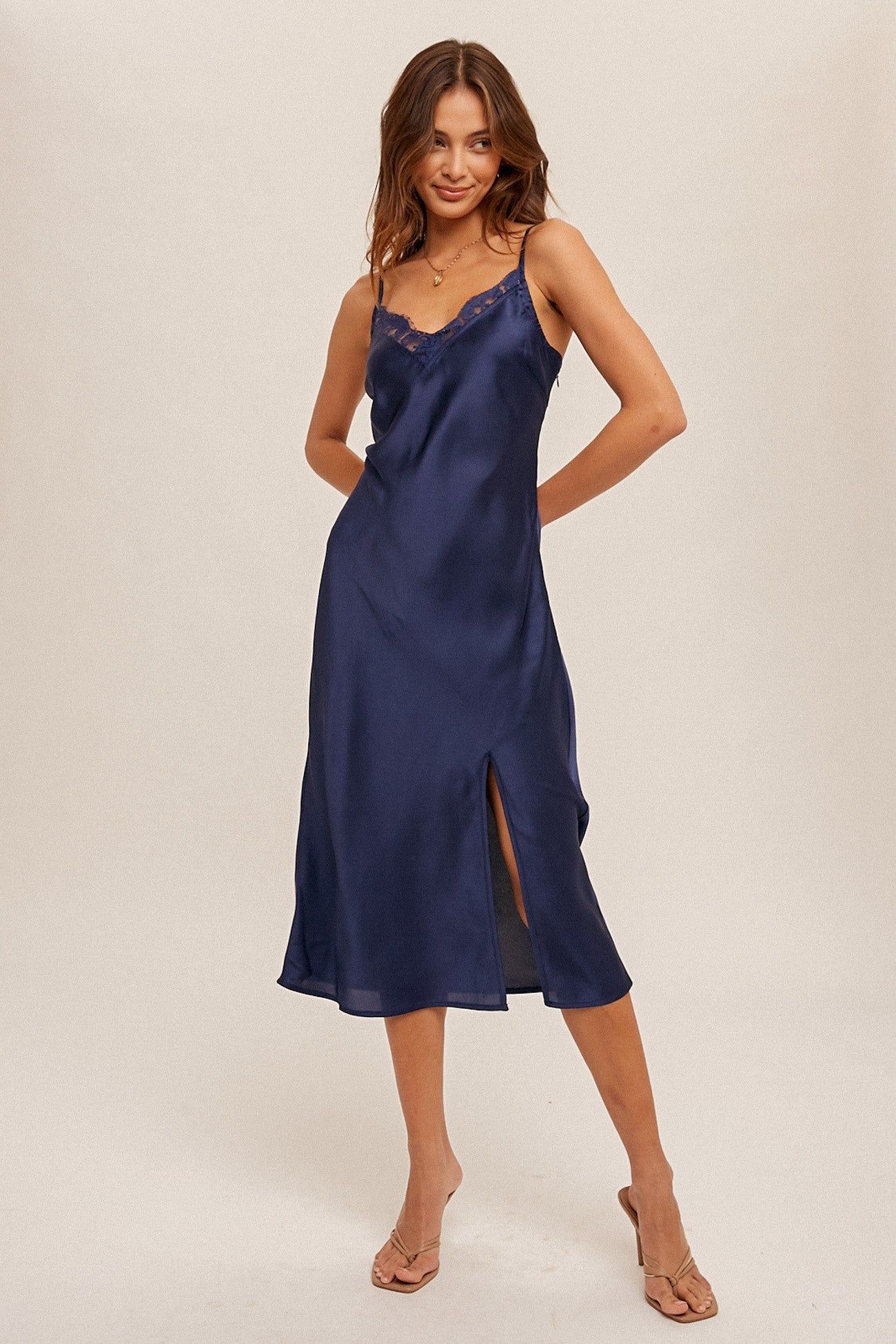 Navy Lace Trim V Neck Satin Midi Slip Dress sold by Pinkblush
