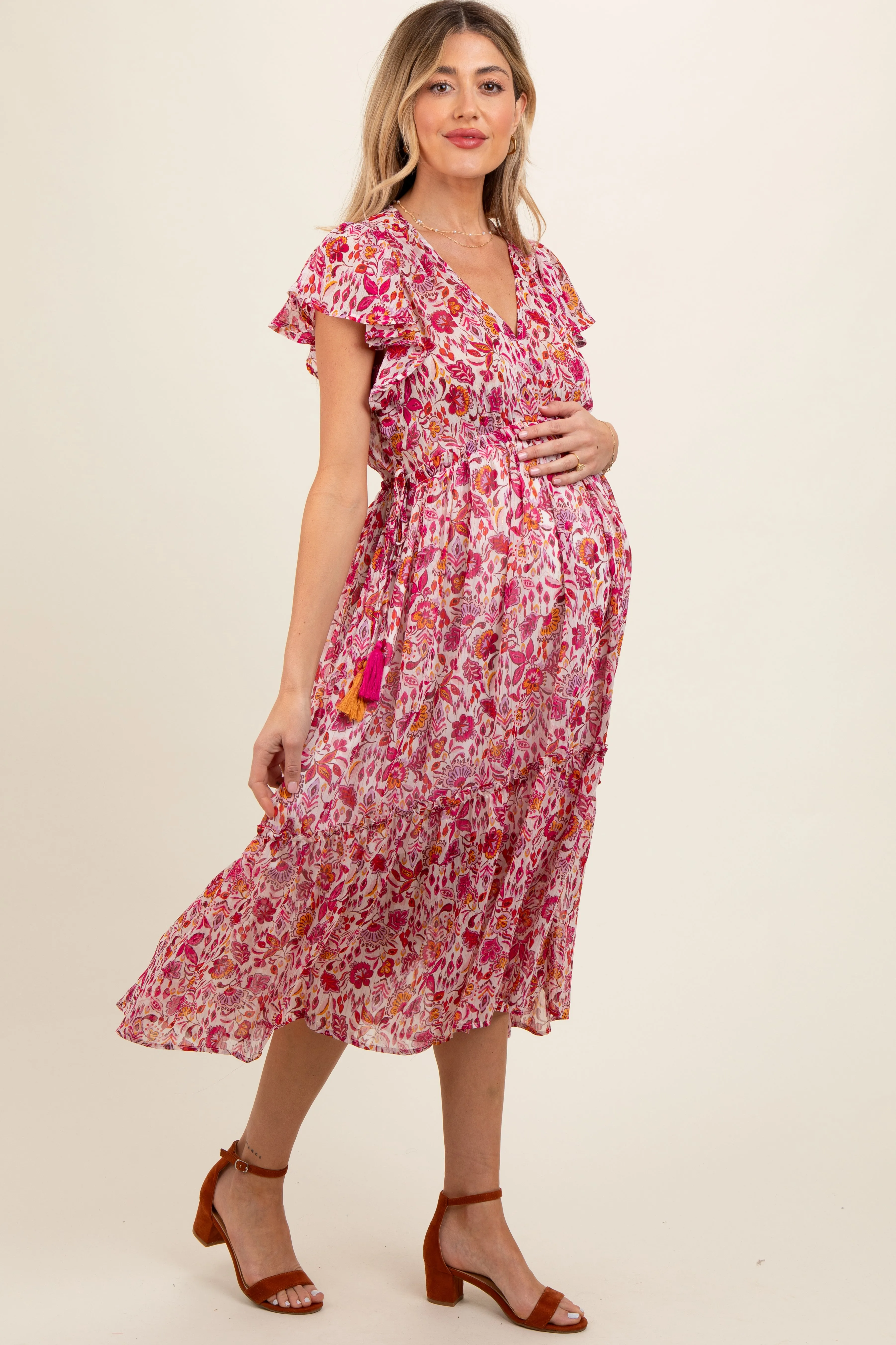 Pink Floral Chiffon Flutter Sleeve Ruffle Hem Maternity Midi Dress sold by Pinkblush product image thumbnail 3