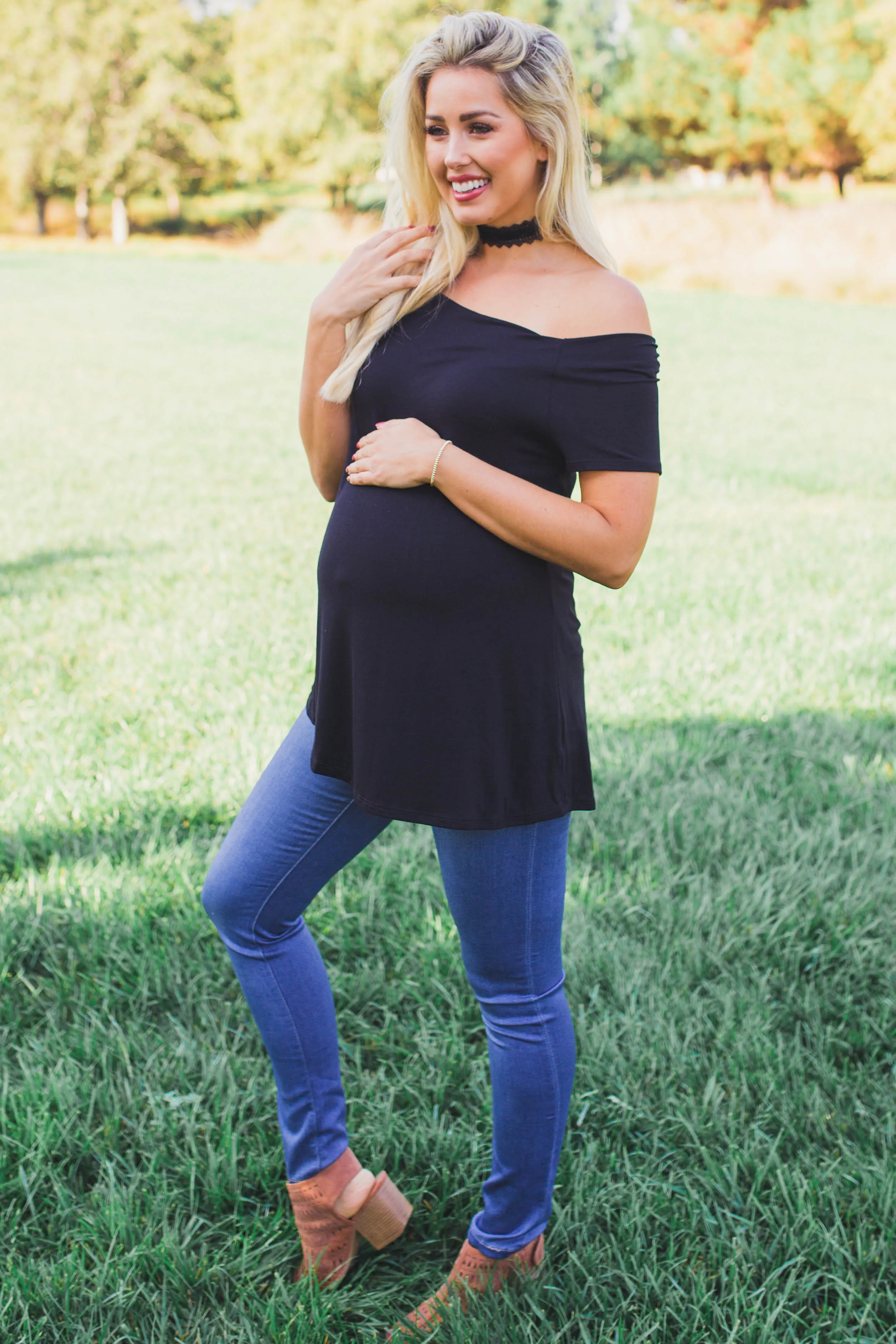 Black Off Shoulder Short Sleeve Maternity Top sold by Pinkblush product image thumbnail 5
