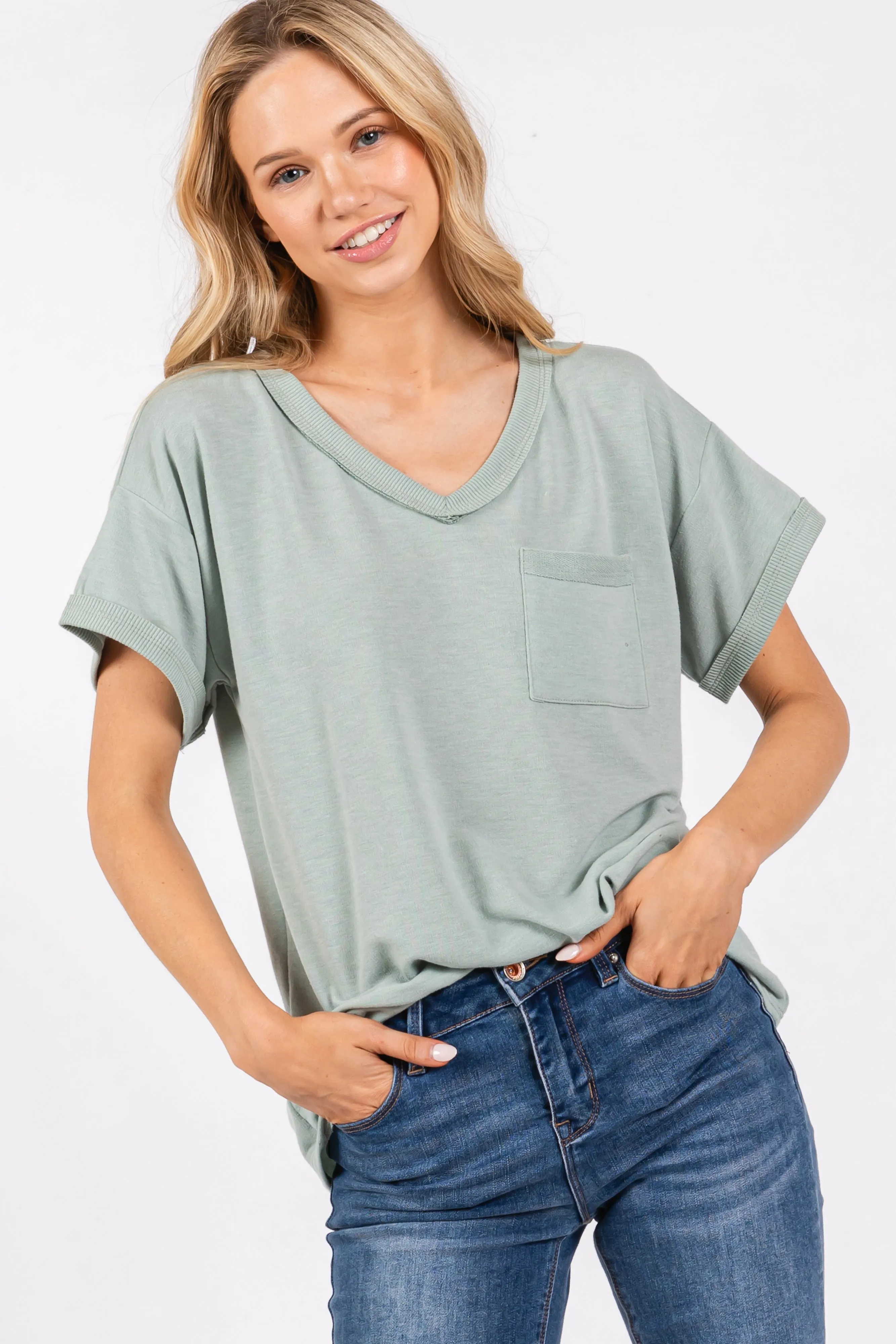 Light Olive Front Pocket Short Sleeve Top sold by Pinkblush
