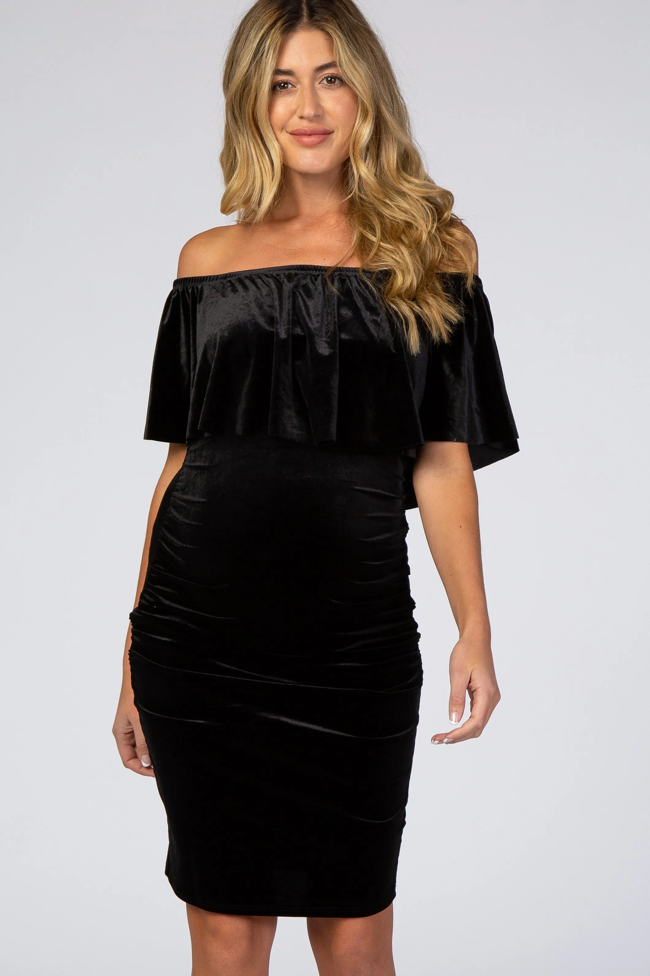 Black Velvet Off Shoulder Fitted Maternity Dress sold by Pinkblush product image thumbnail 4