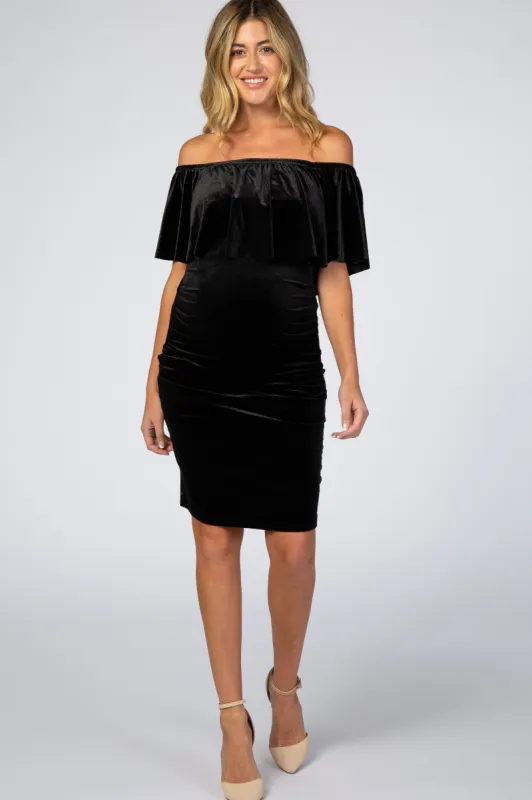 Black Velvet Off Shoulder Fitted Maternity Dress sold by Pinkblush