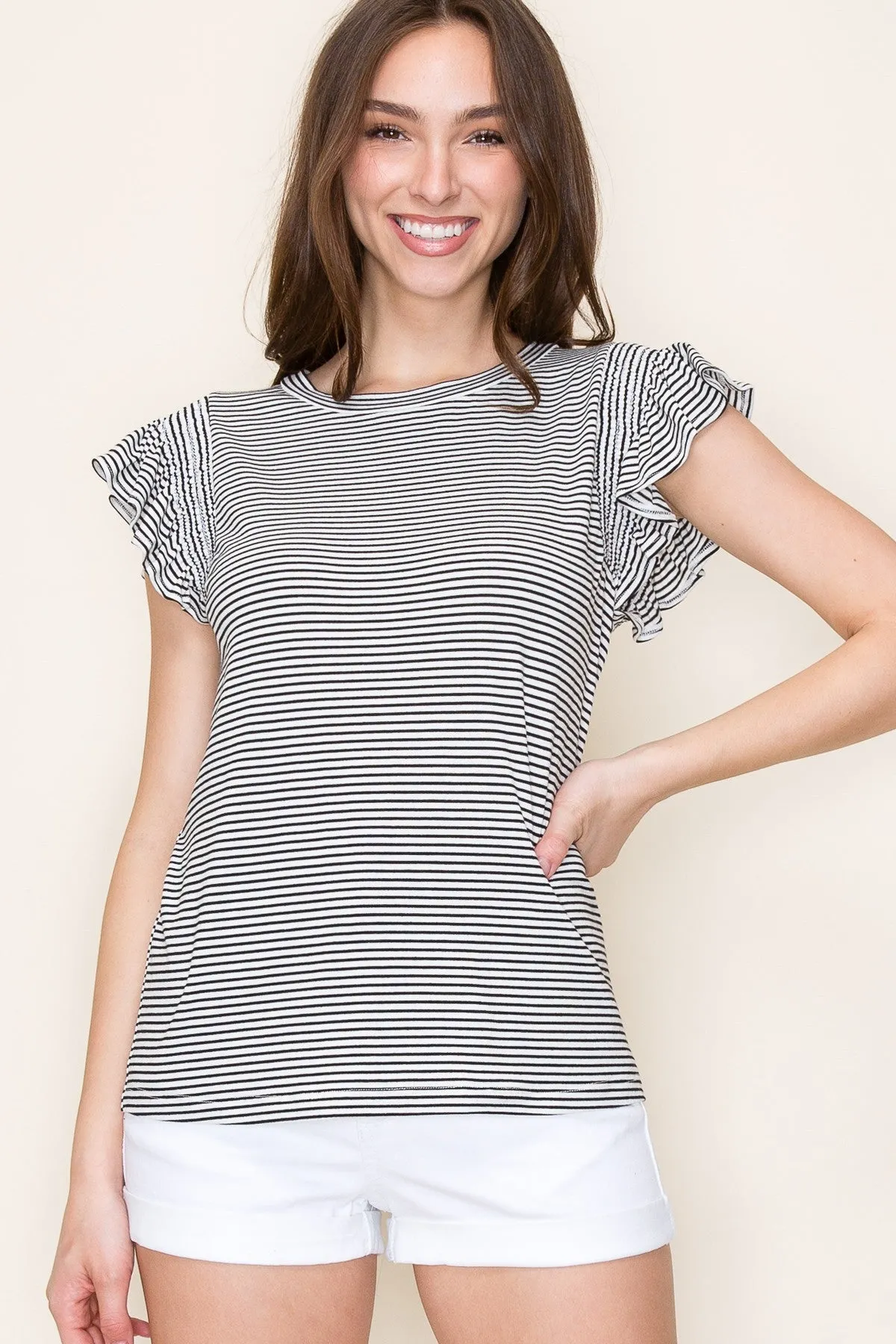 Ivory Striped Flutter Sleeve Top sold by Pinkblush