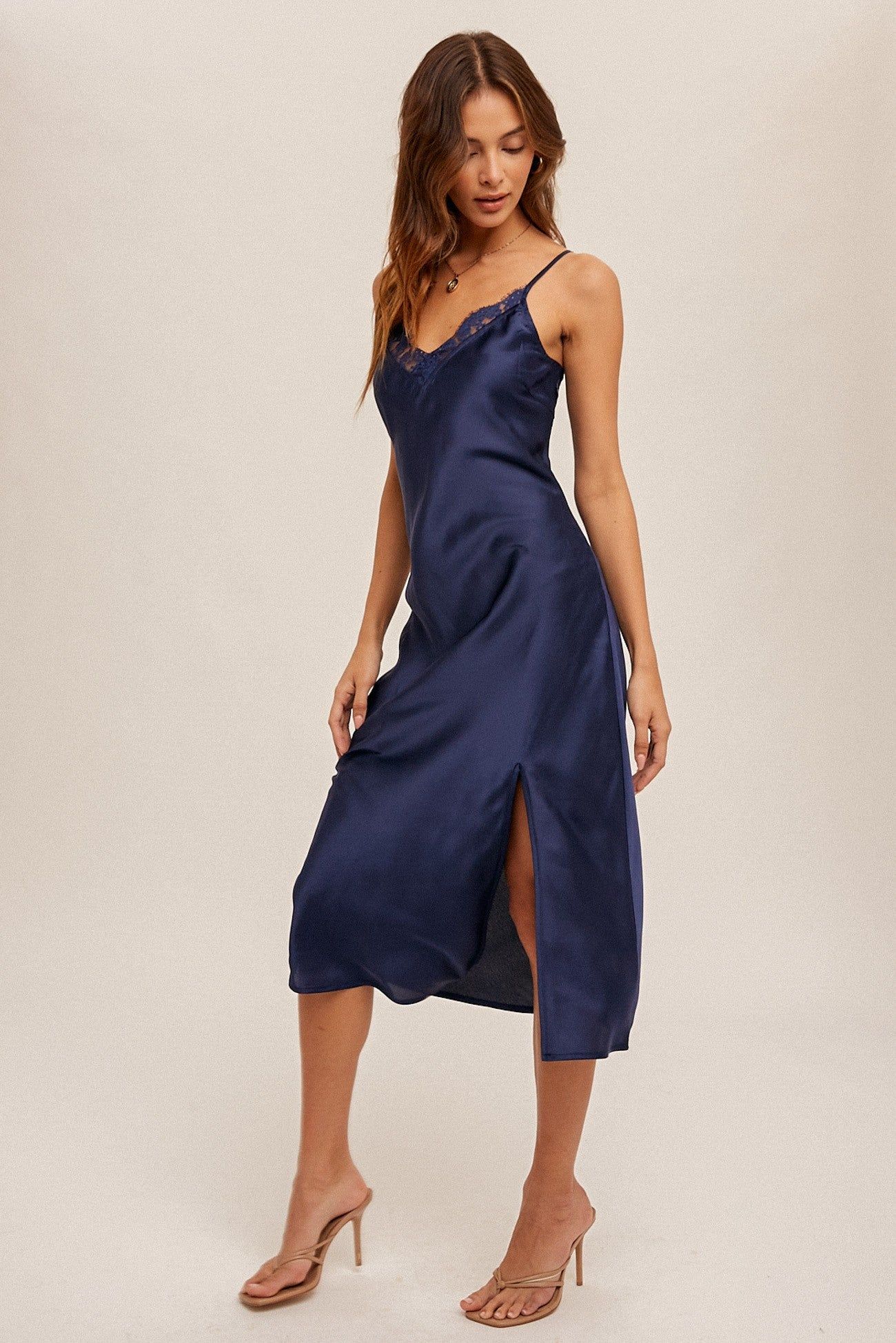 Navy Lace Trim V Neck Satin Midi Slip Dress sold by Pinkblush product image thumbnail 2