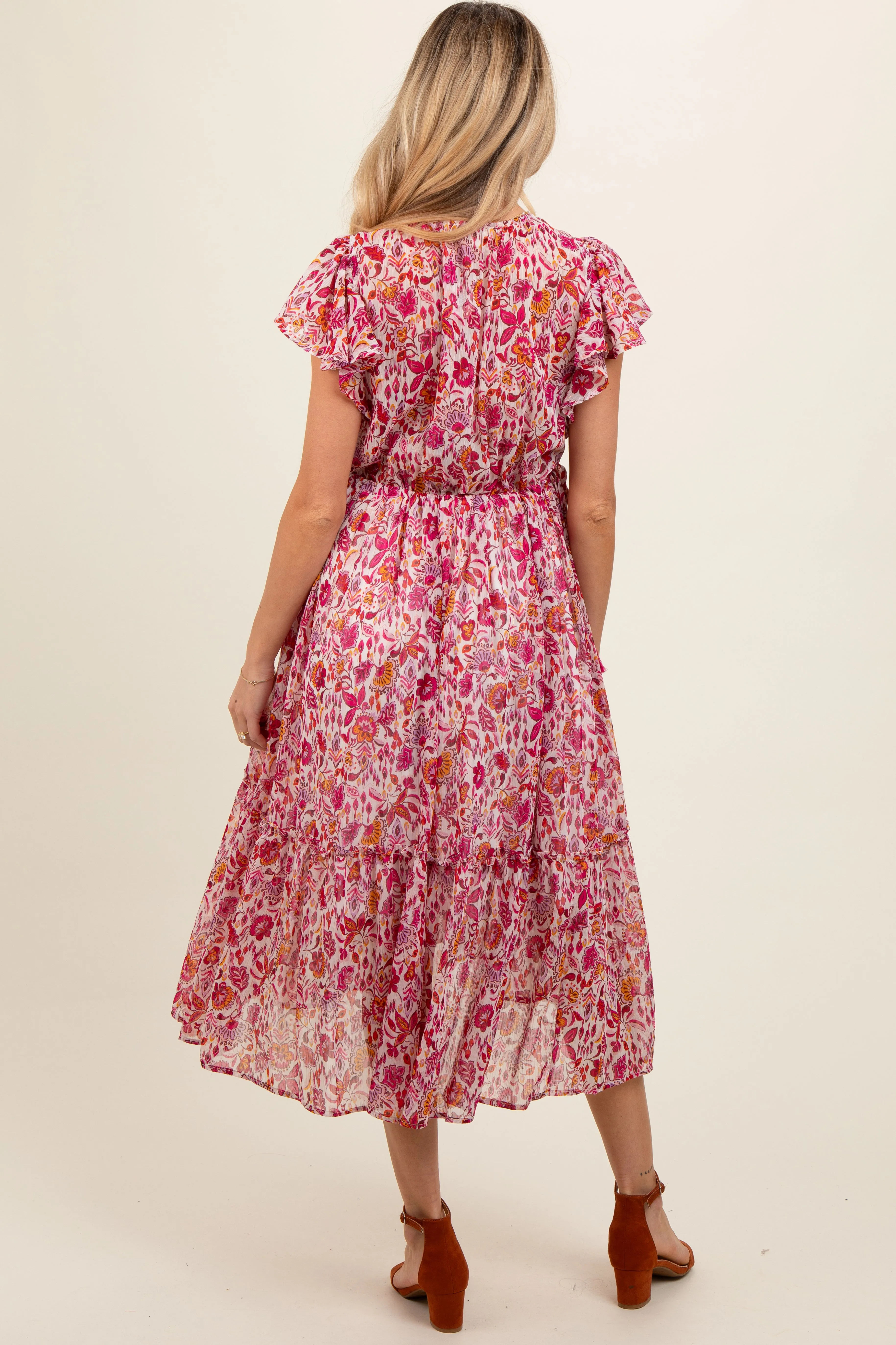 Pink Floral Chiffon Flutter Sleeve Ruffle Hem Maternity Midi Dress sold by Pinkblush product image thumbnail 4