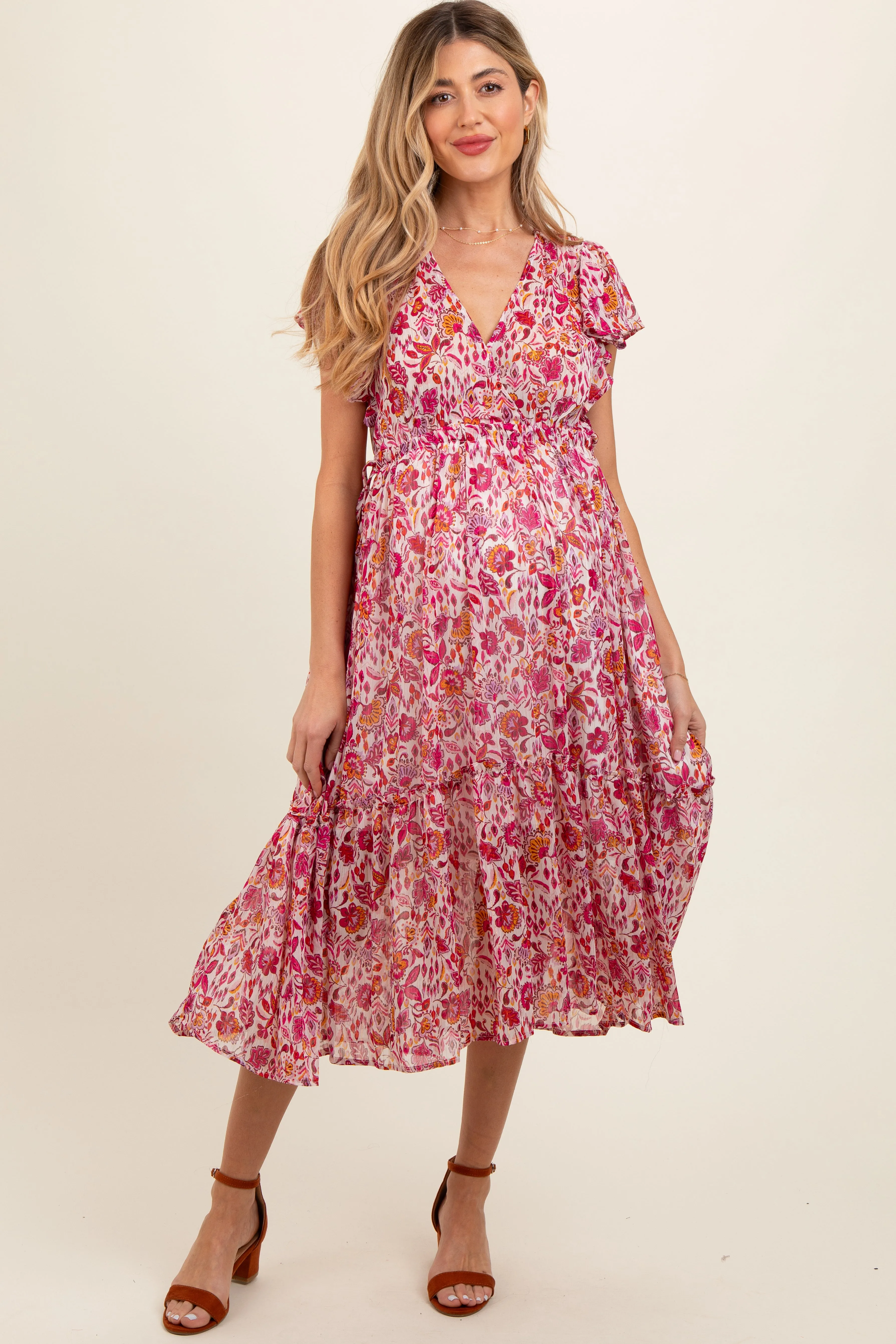 Pink Floral Chiffon Flutter Sleeve Ruffle Hem Maternity Midi Dress sold by Pinkblush